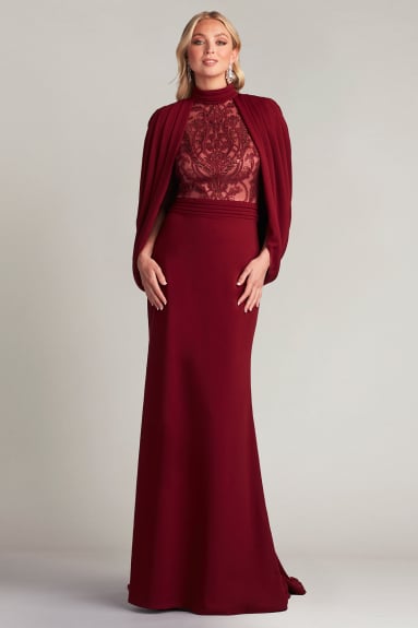 Emmeline Draped Cape-Sleeve Gown
