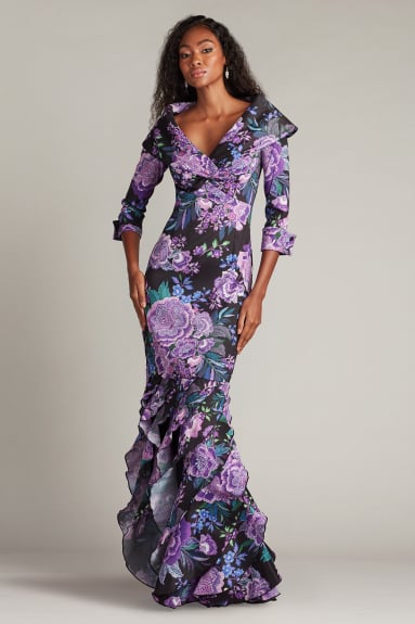 Sinai Floral Cascading Ruffle Gown | Tadashi Shoji