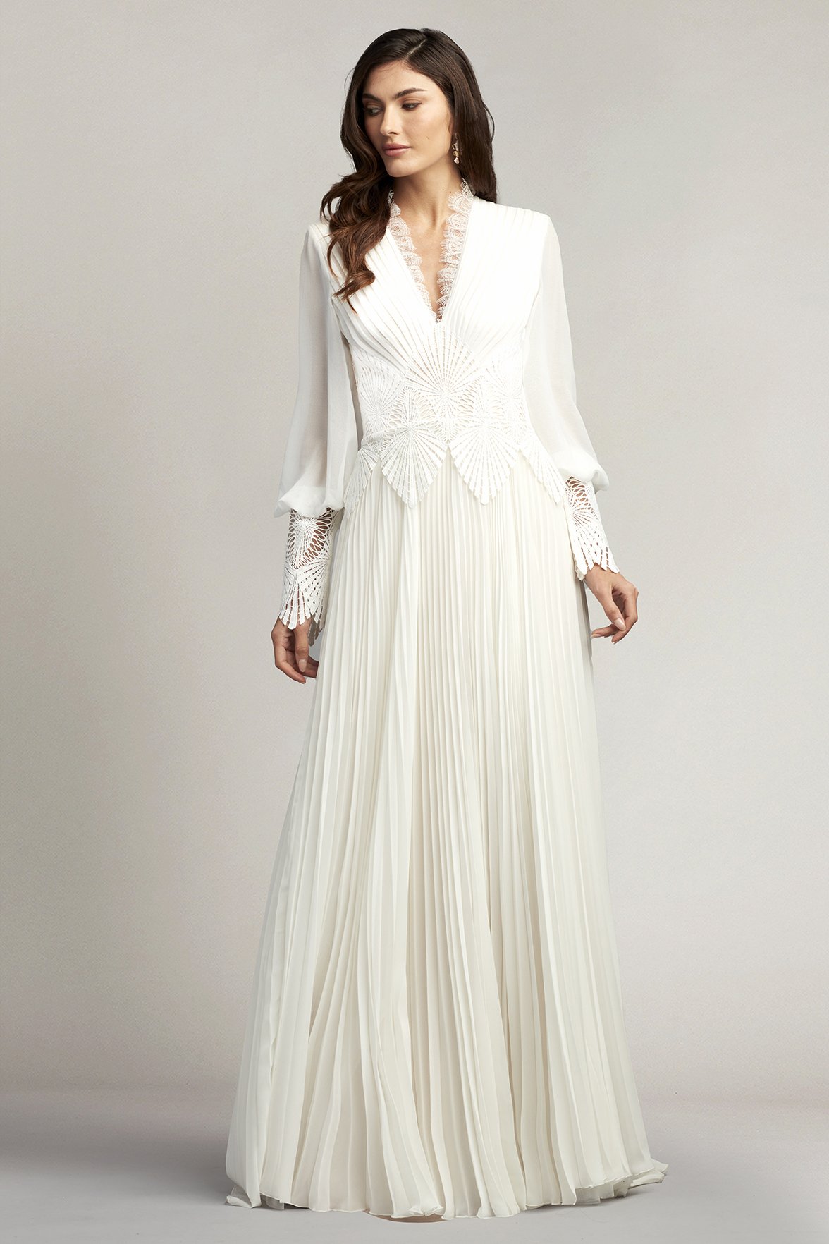 Yates Pleated Chiffon Lace Gown Tadashi Shoji