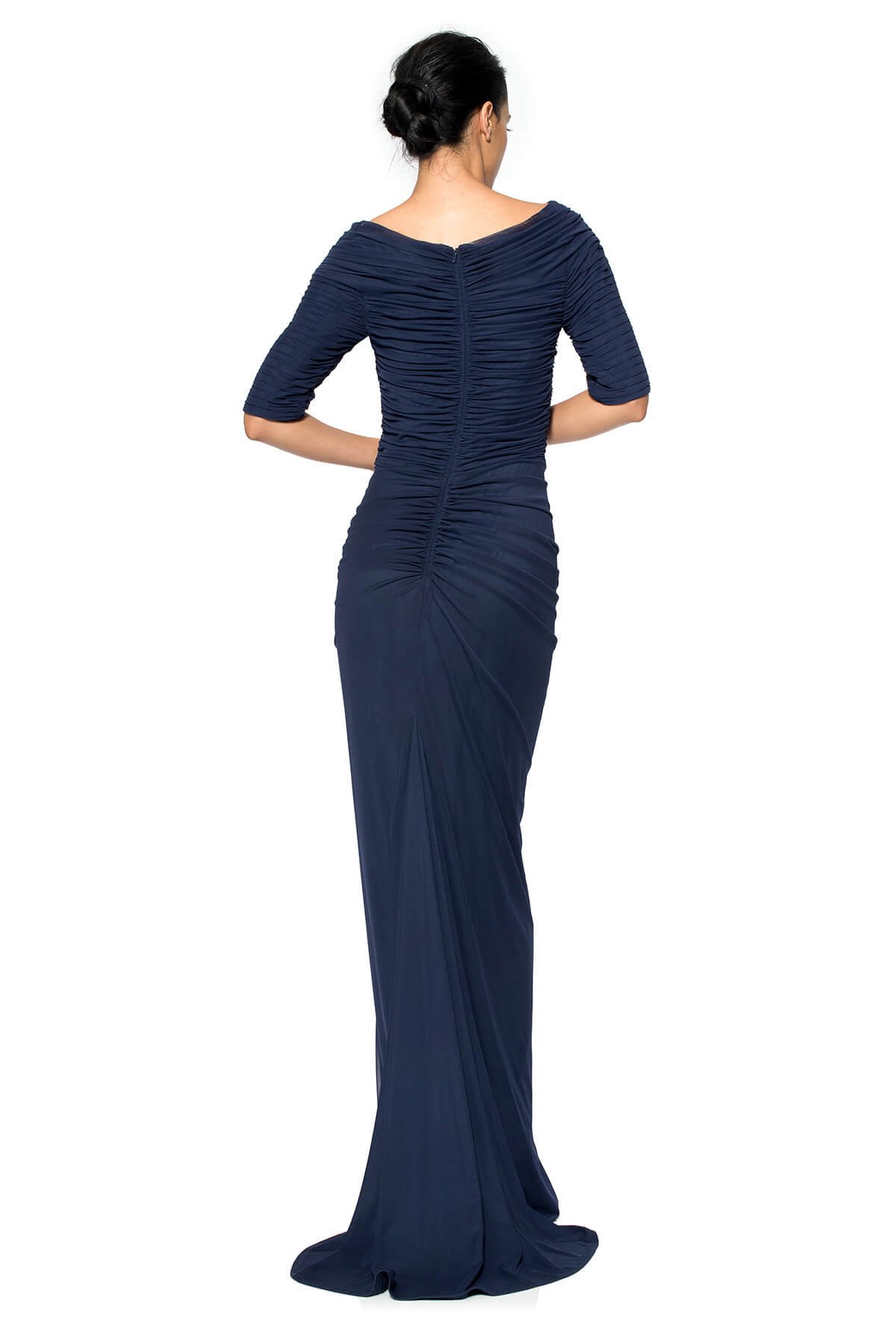 Asymmetric Ruched Sleeve Gown