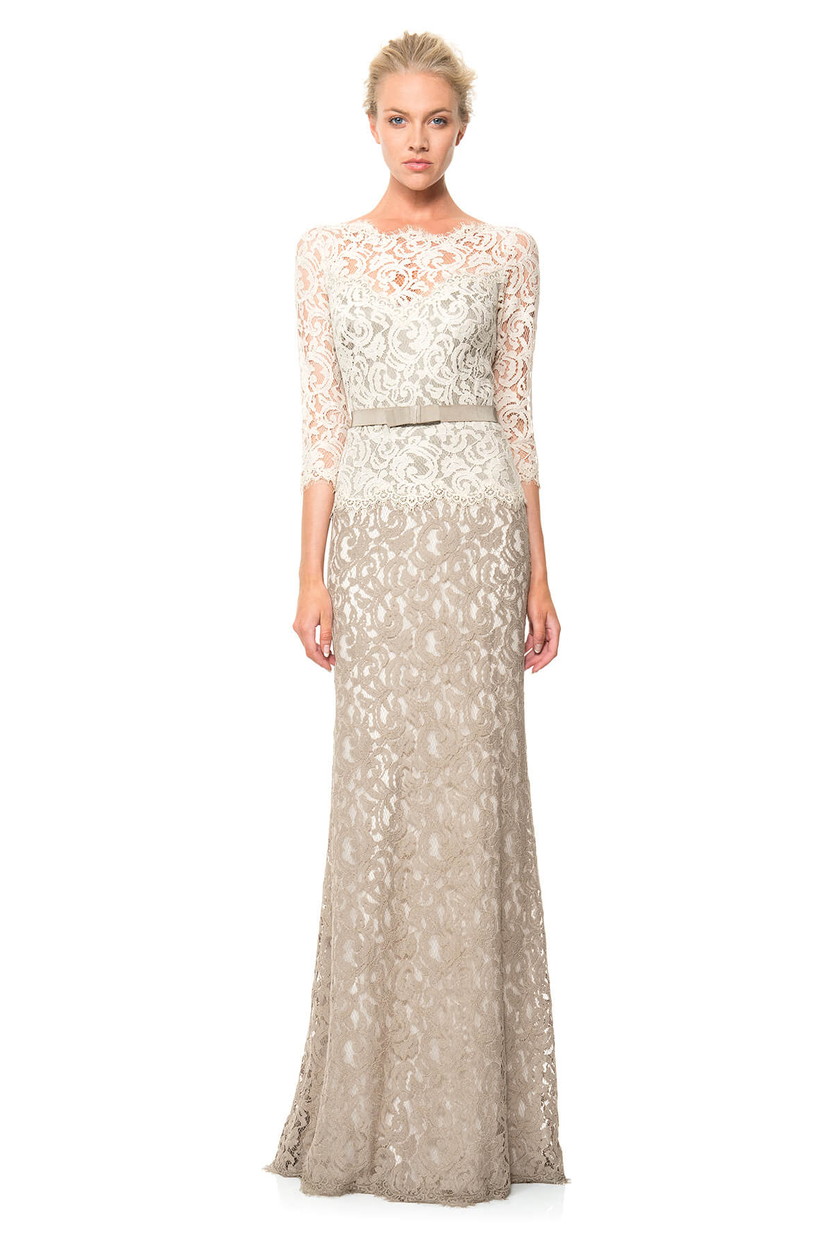 Lace Boatneck ¾ Sleeve Gown with Grosgrain Ribbon Belt