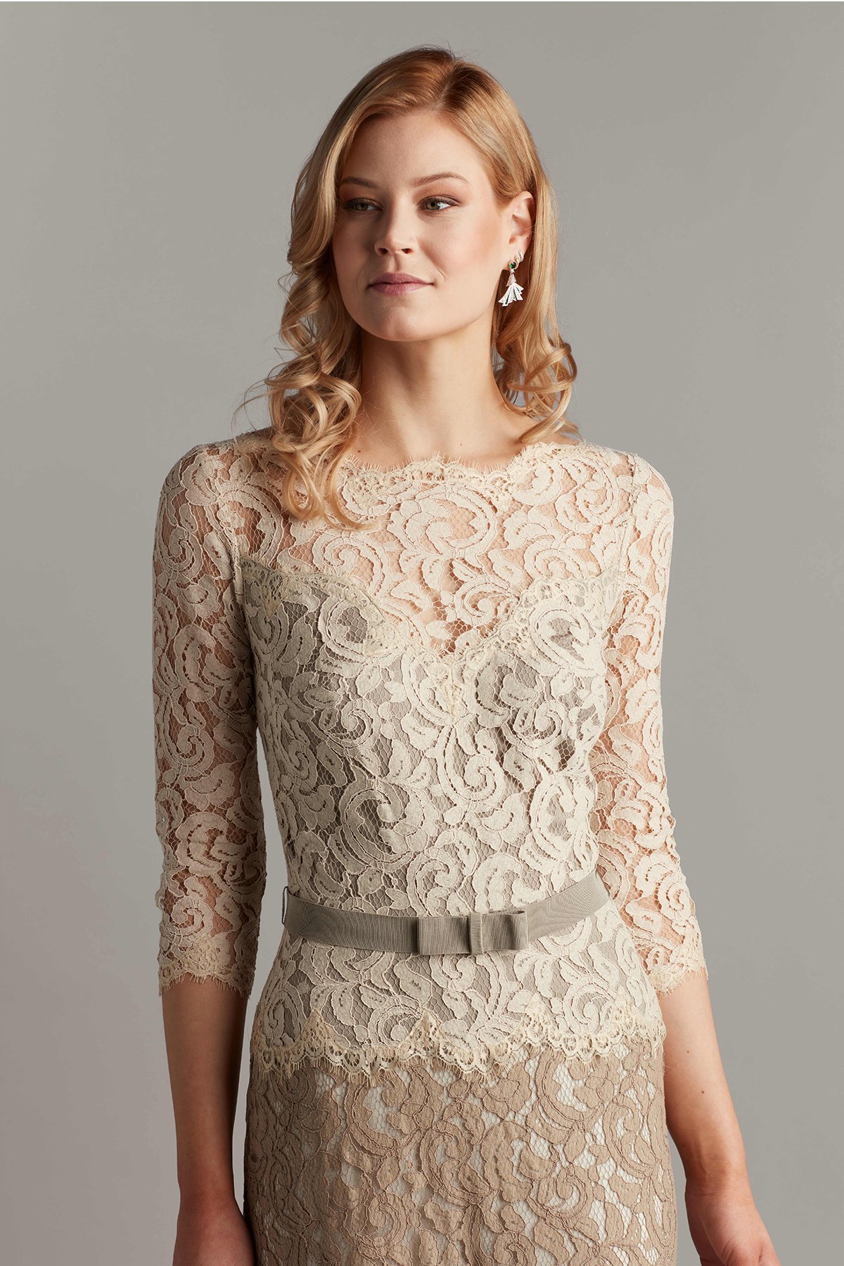 Amberly Belted Lace ¾ Sleeve Gown | Tadashi Shoji