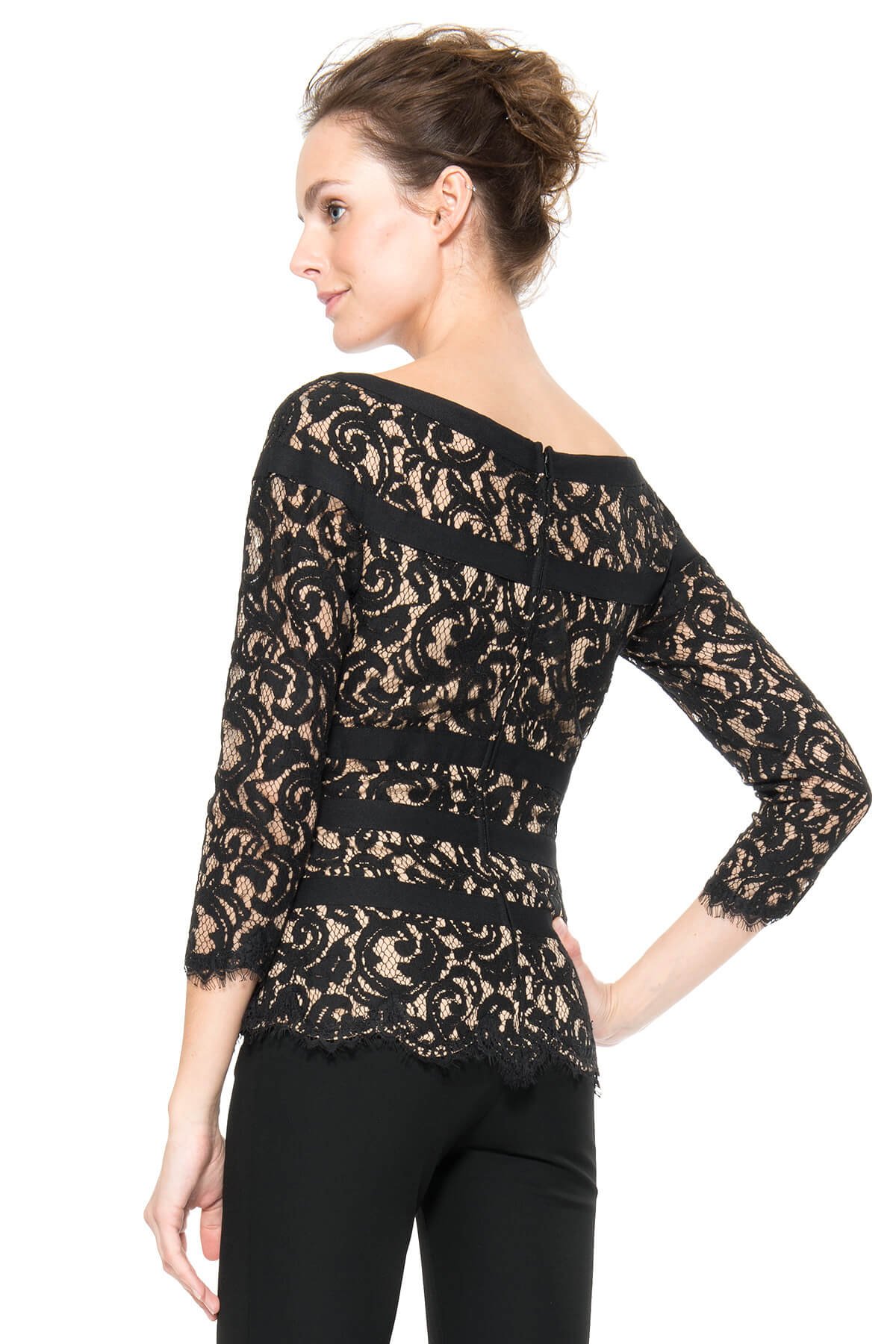 Lace 3/4 Sleeve Top in Black / Nude