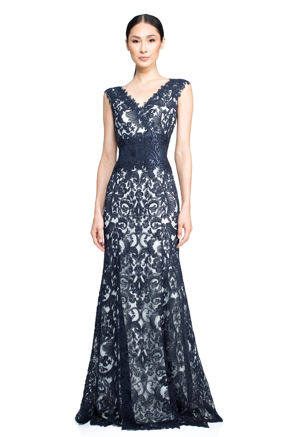 Tadashi shoji navy blue lace gown hotsell