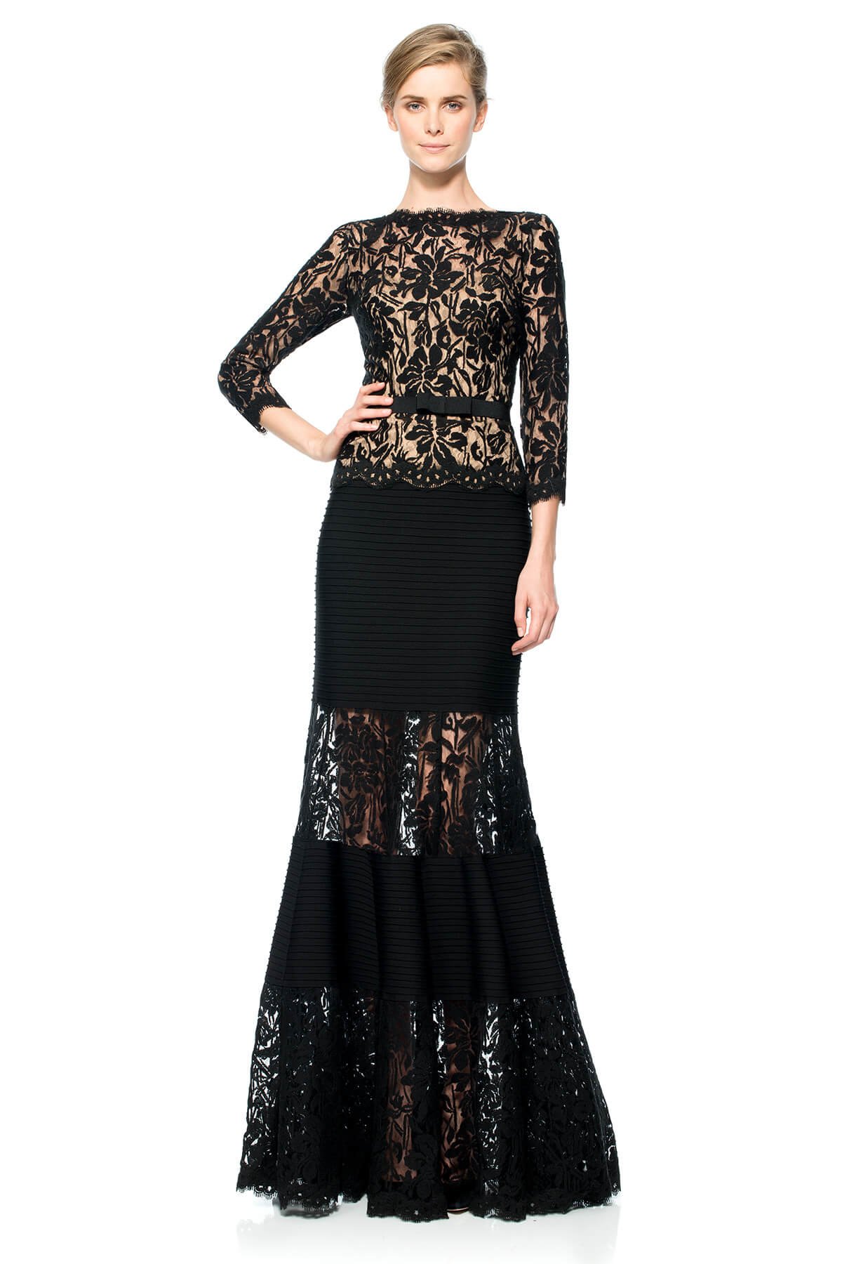 Pintuck Jersey and Lace ¾ Sleeve Gown | Tadashi Shoji