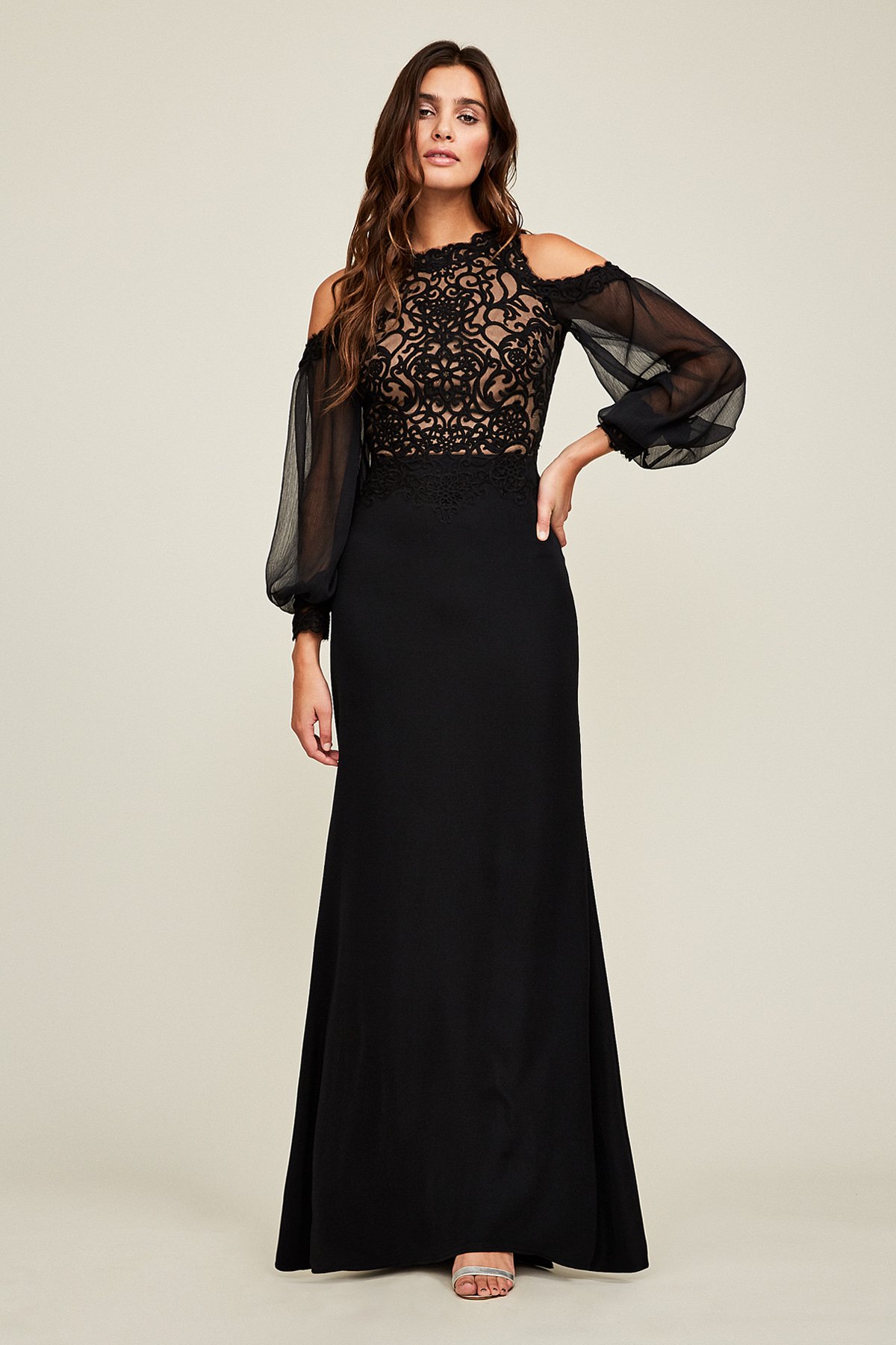 Saunderoll - 3/4-Sleeve Cold Shoulder Rhinestone Floral A-Line Evening Gown  | YesStyle