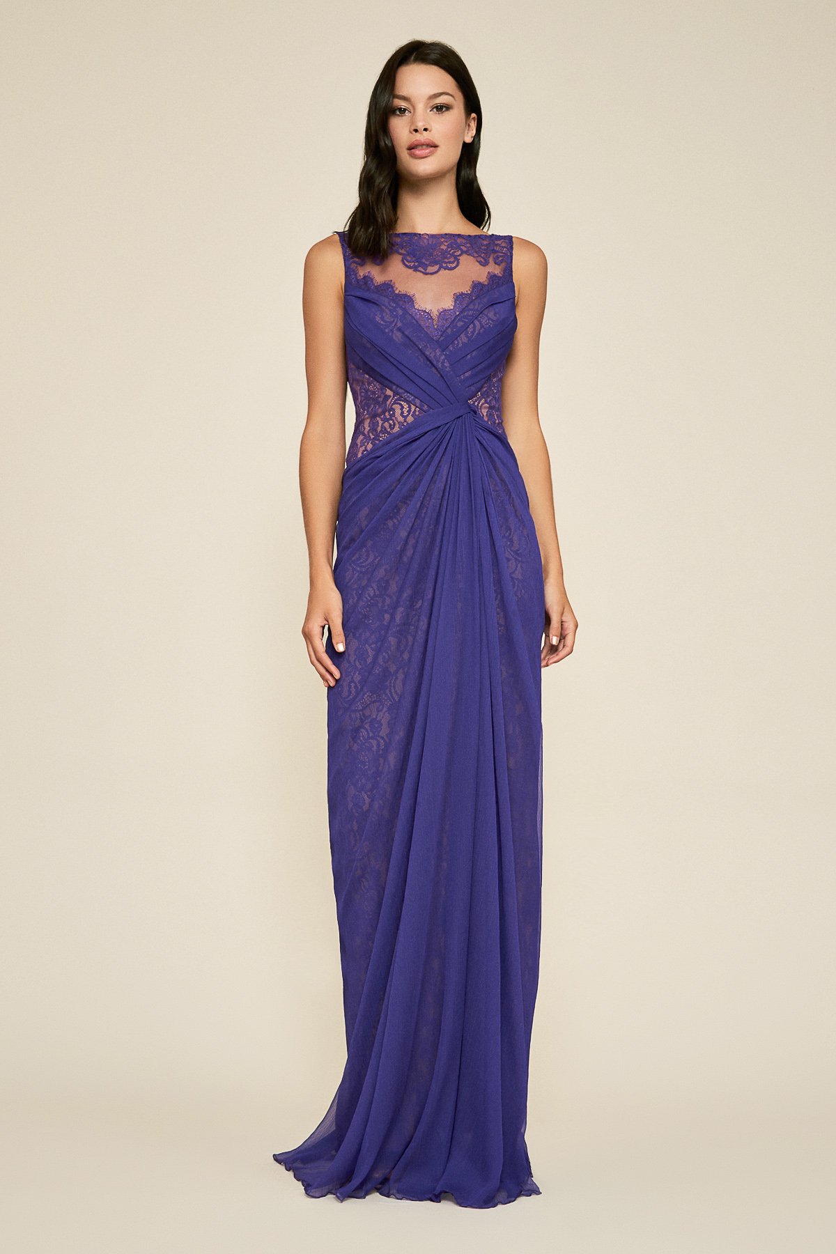 Aries Lace Chiffon Slit Gown Tadashi Shoji