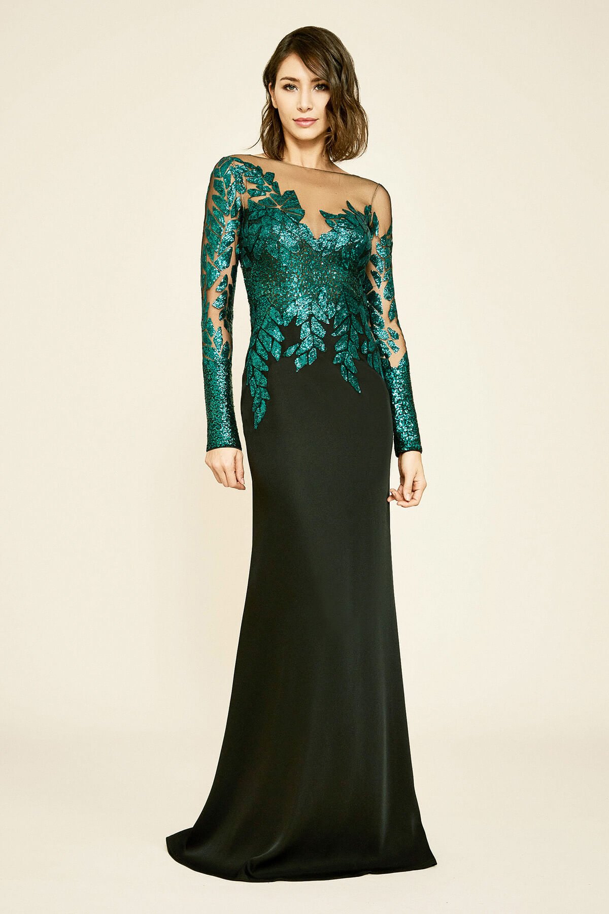 Finley Long-Sleeve Crepe Sequin Gown | Tadashi Shoji