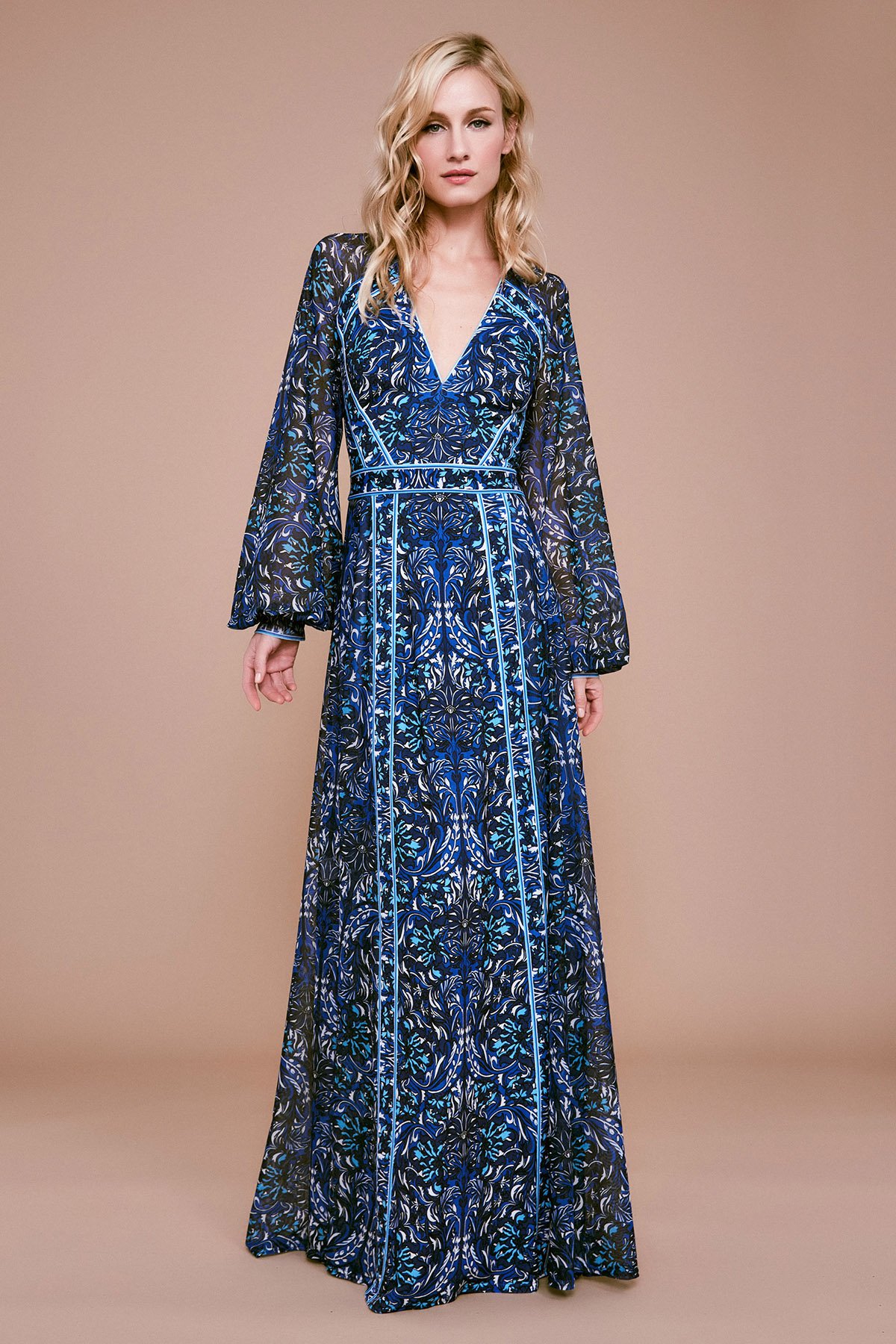Neva Long-Sleeve Print Chiffon Gown | Tadashi Shoji