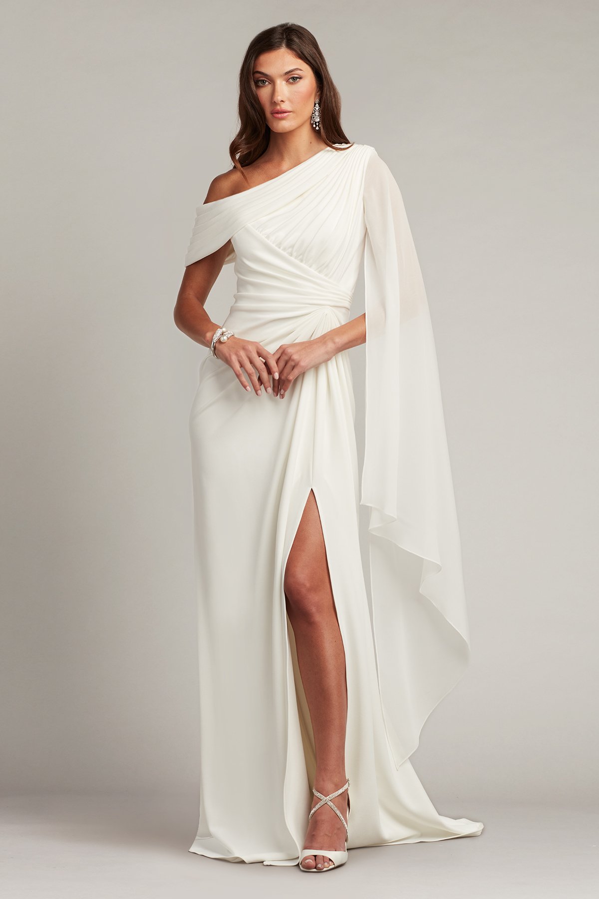 Quill Draped Cape Sleeve Gown | Tadashi Shoji