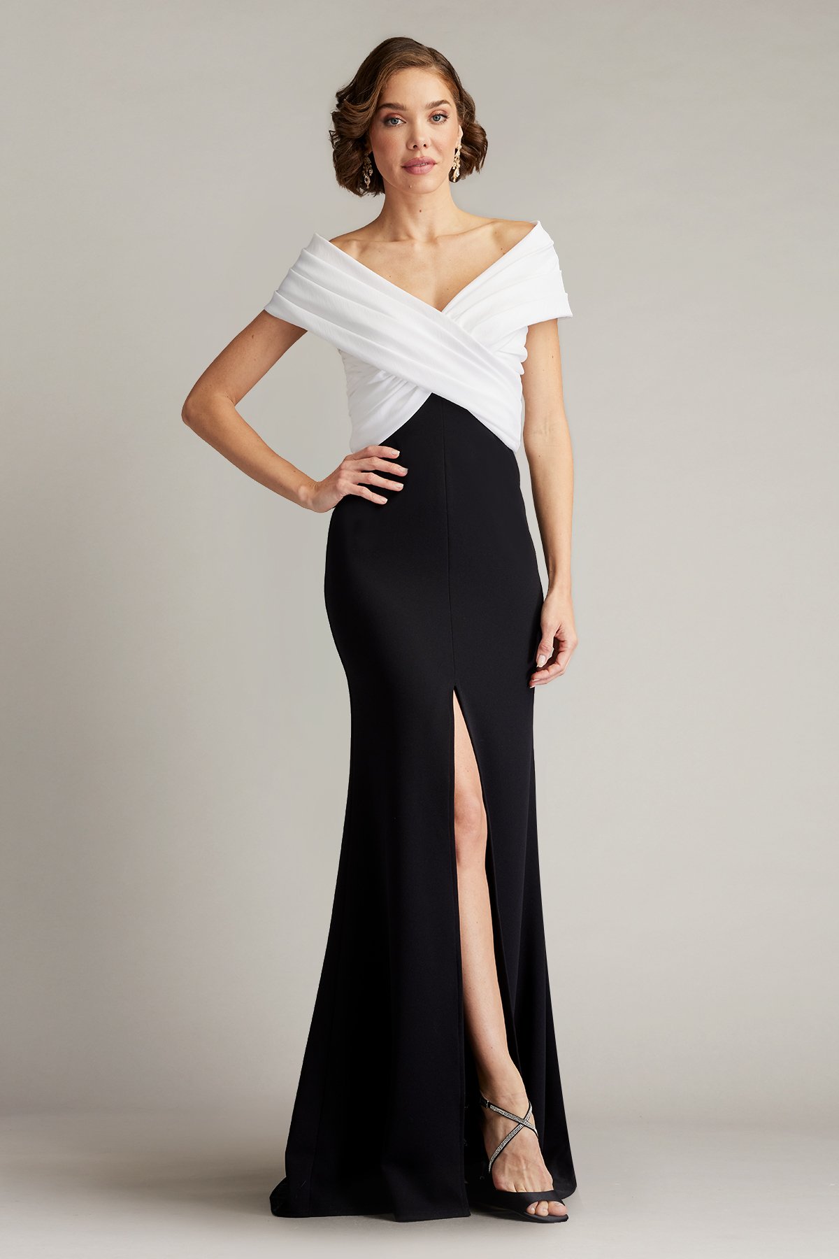 Benz Pleated Portrait Collar Gown IV BK Tadashi Shoji