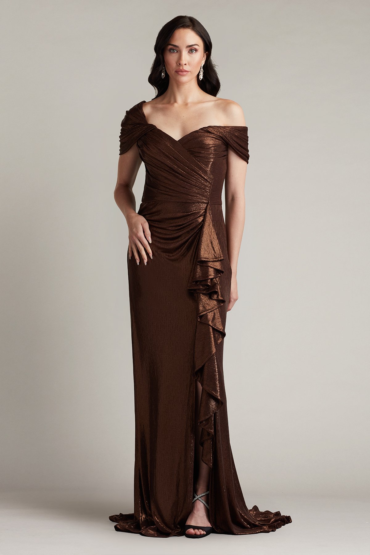 Drea Metallic Waterfall Flounce Gown | Tadashi Shoji
