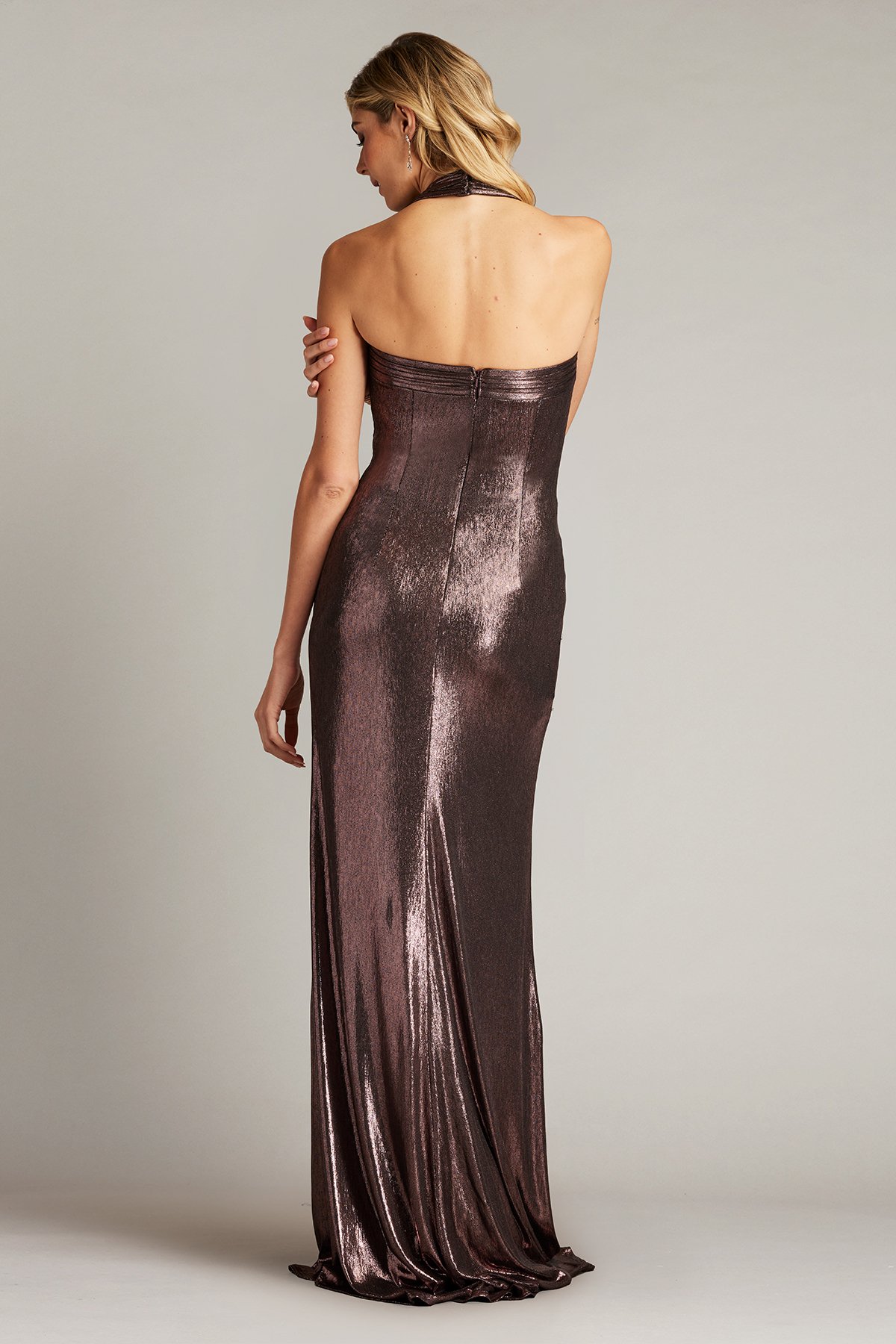Gita Draped Metallic Halter Gown | Tadashi Shoji