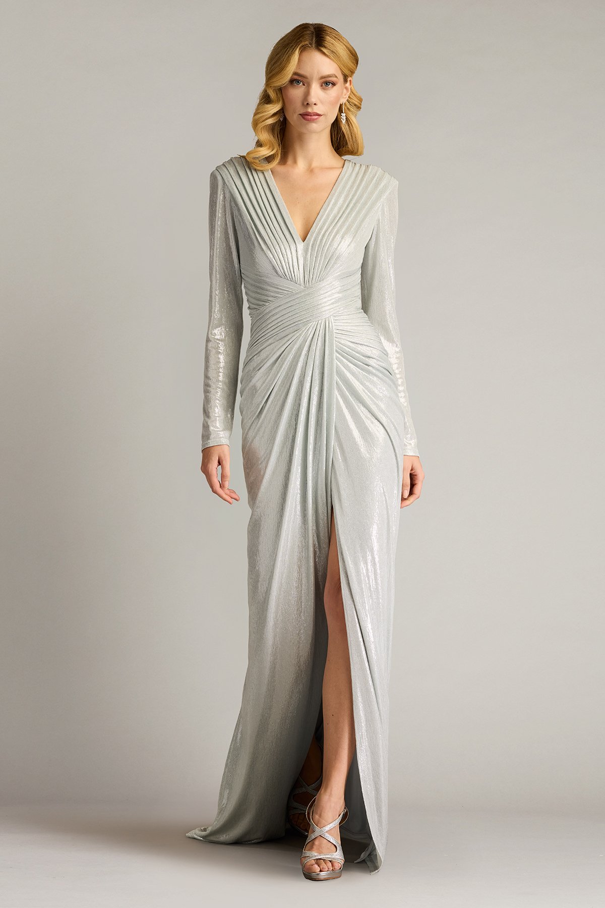 Jonise Pleated Draped Metallic Gown | Tadashi Shoji