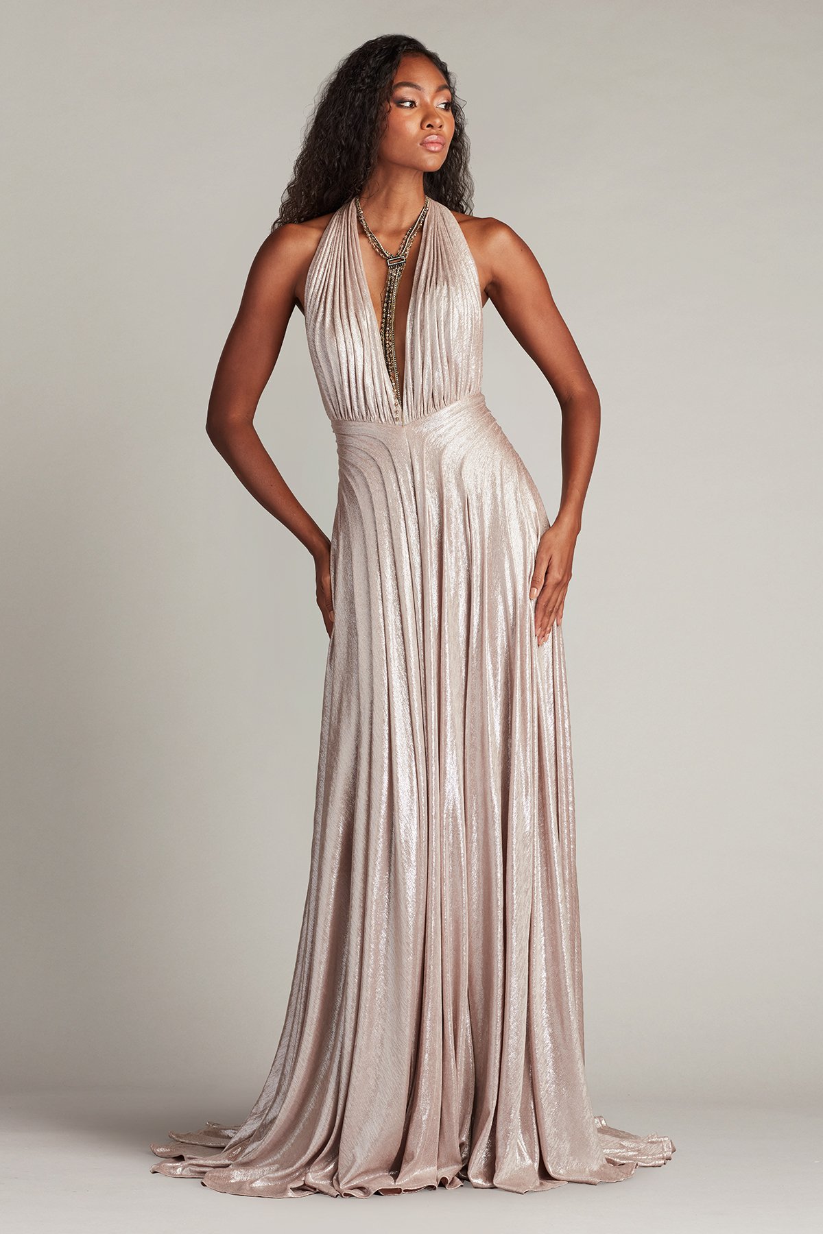 Zarelle Pleated Metallic Halter Gown | Tadashi Shoji