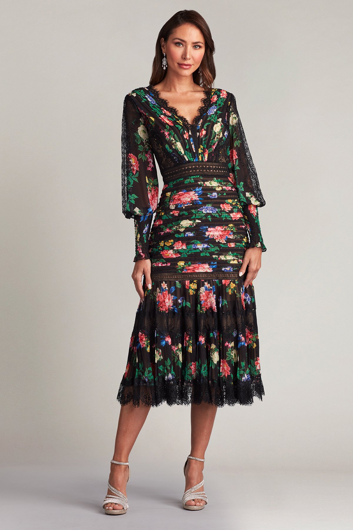 Lorely Pleated Floral Print Dress Tadashi Shoji