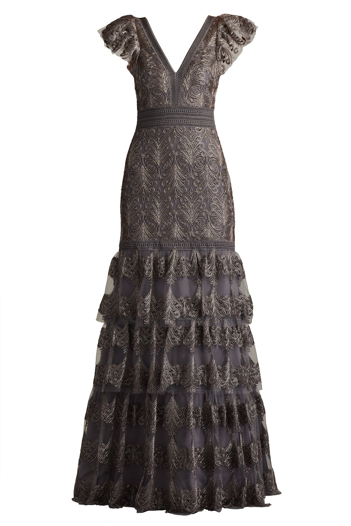 ワンピース EMBROIDERY TULLE TIERED DRESS Rhone Tiered Embroidered Tulle Gown DKMIS | Tadashi Shoji