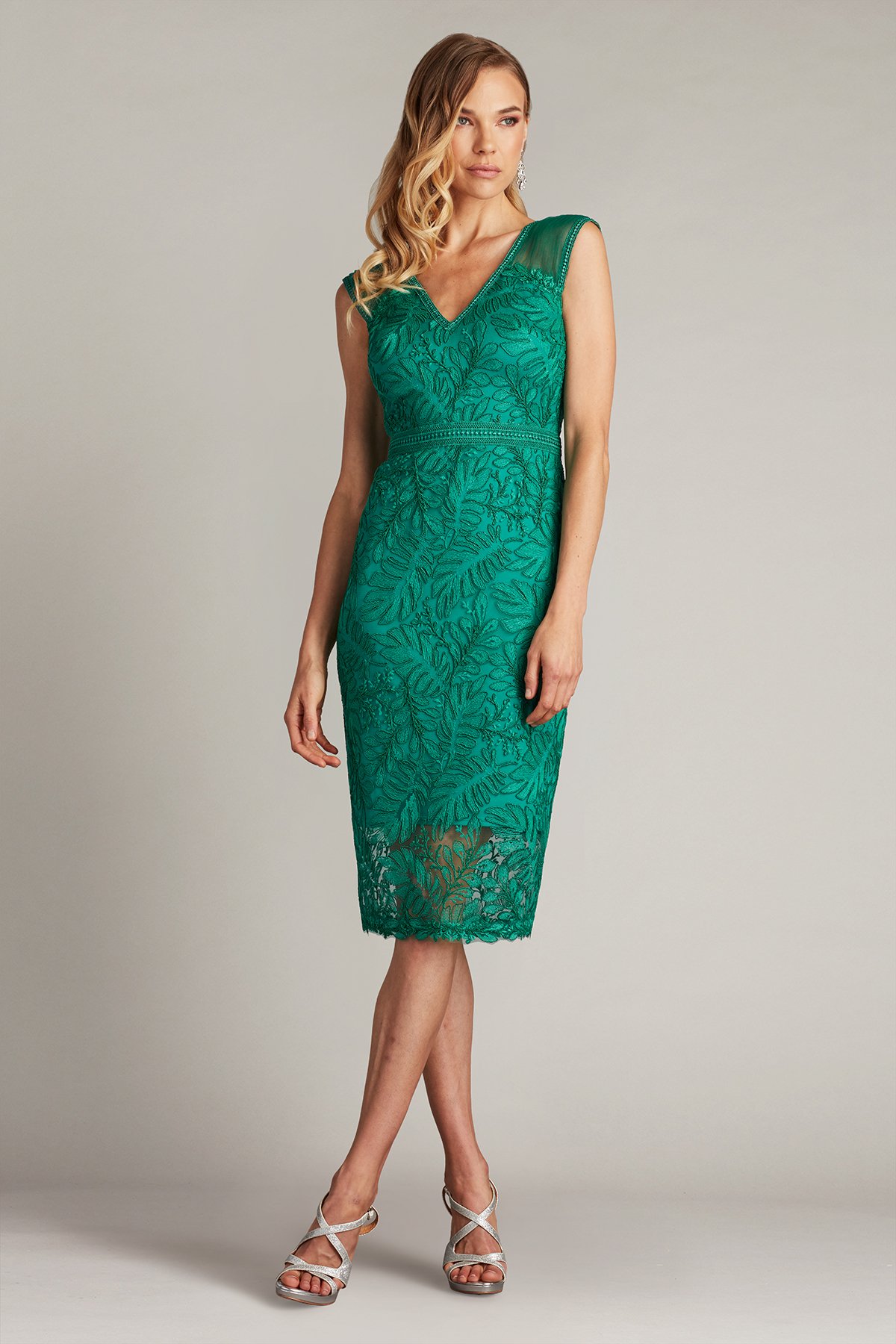 Evonne Embroidered Dress Emerald | Tadashi Shoji
