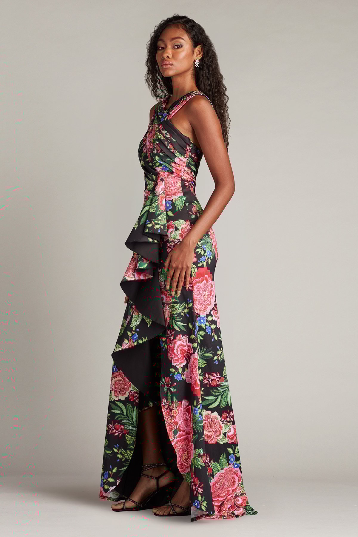 Elarra Floral Waterfall Flounce Gown | Tadashi Shoji