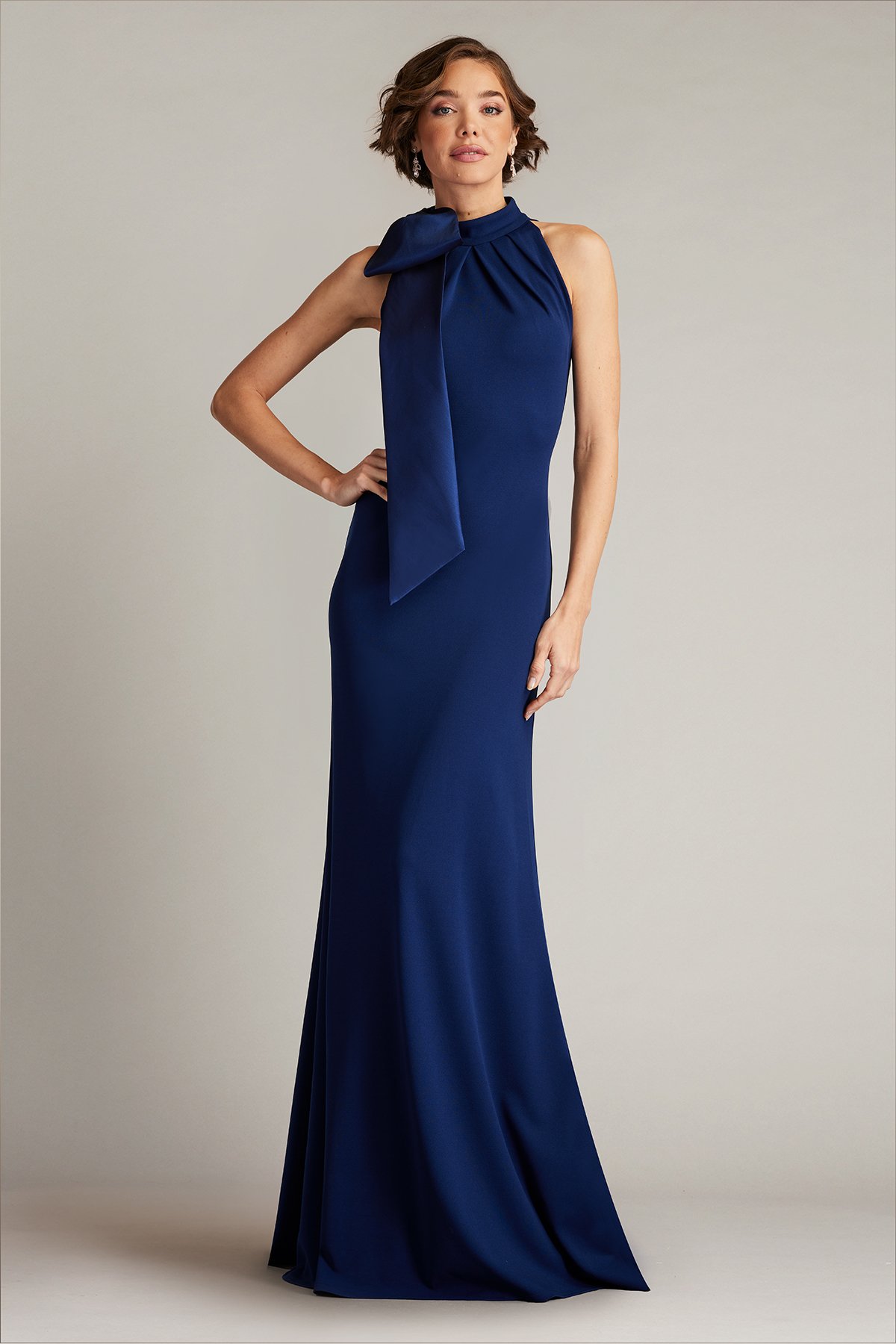 Sims Taffeta Shoulder Bow Halter Gown Navy | Tadashi Shoji