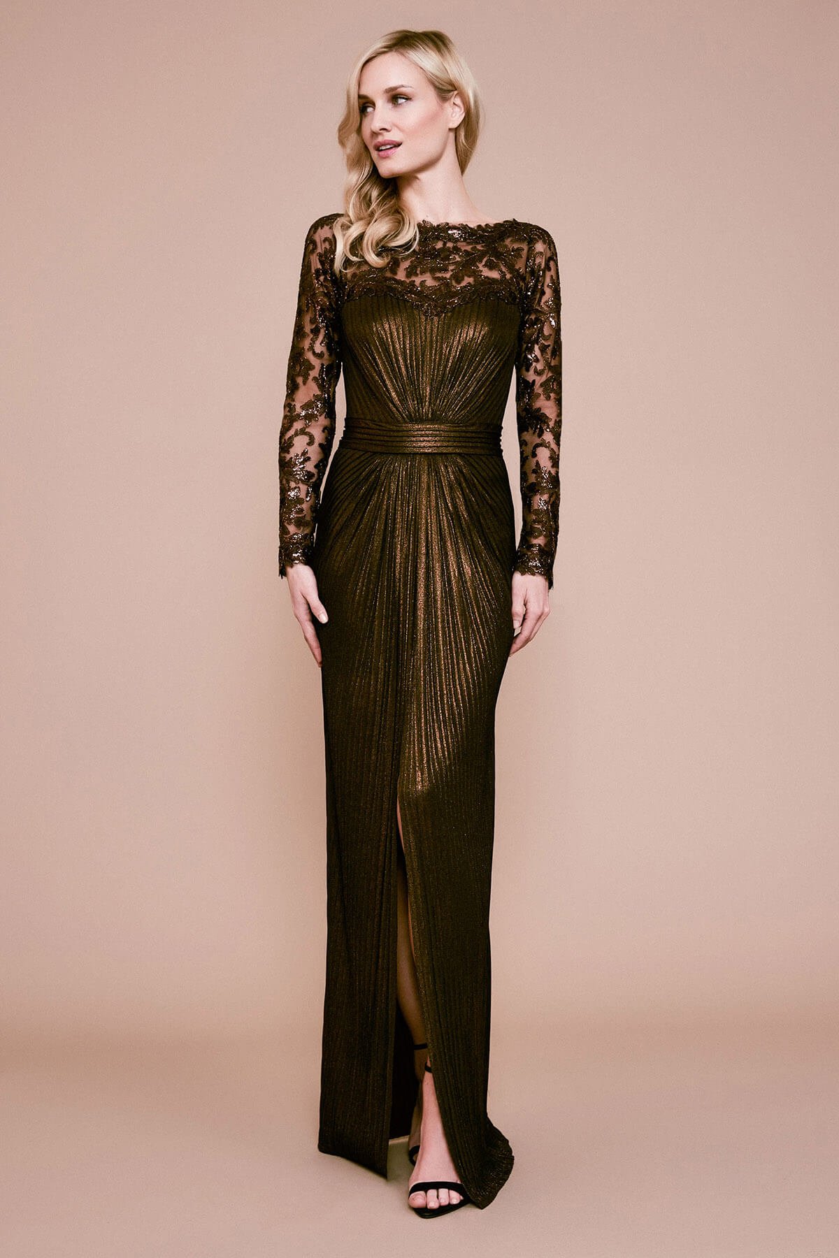 Tadashi shoji metallic top sequin asymmetrical jersey gown