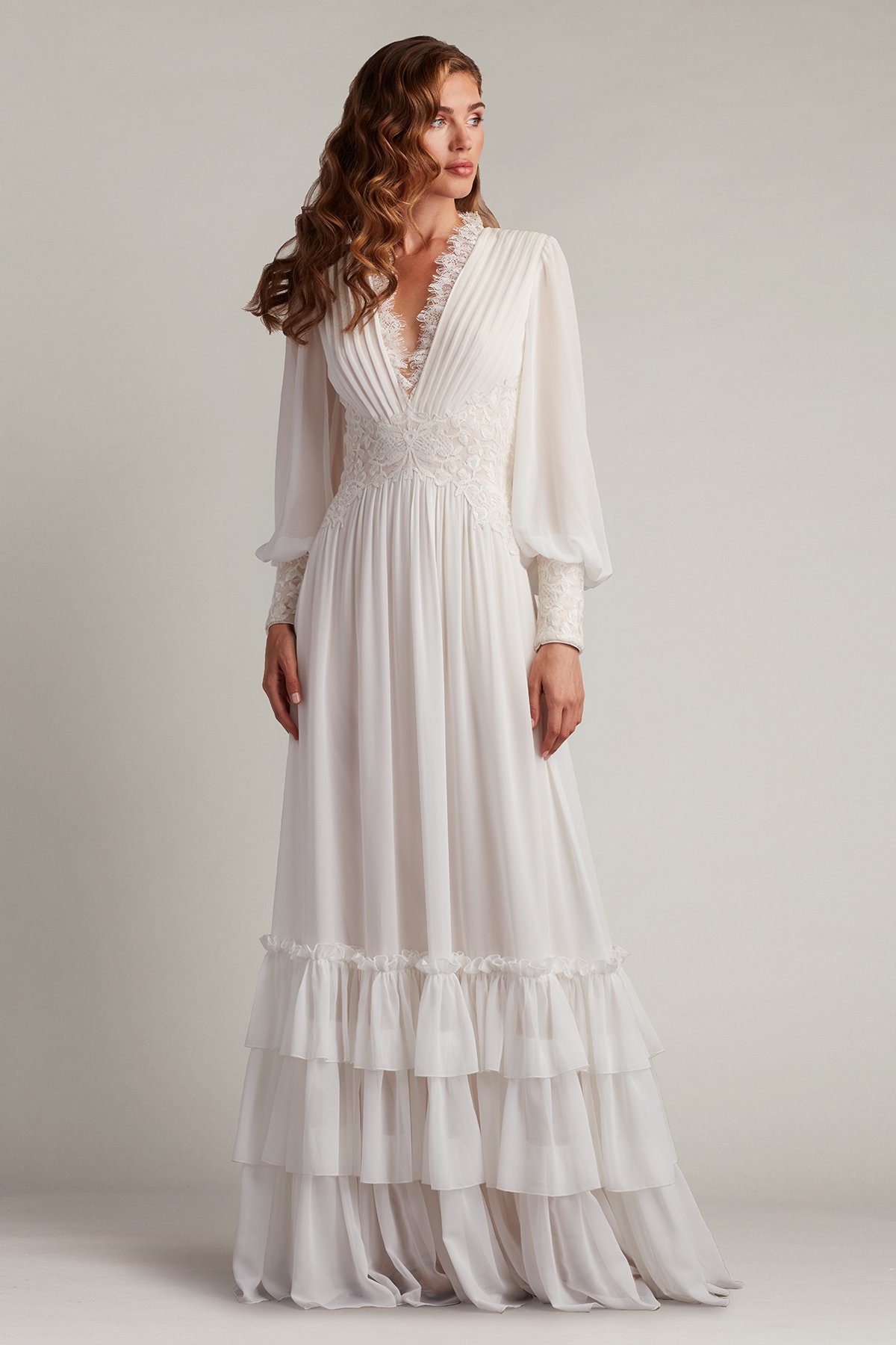 Topanga Tiered Bishop Sleeve Gown | Tadashi Shoji