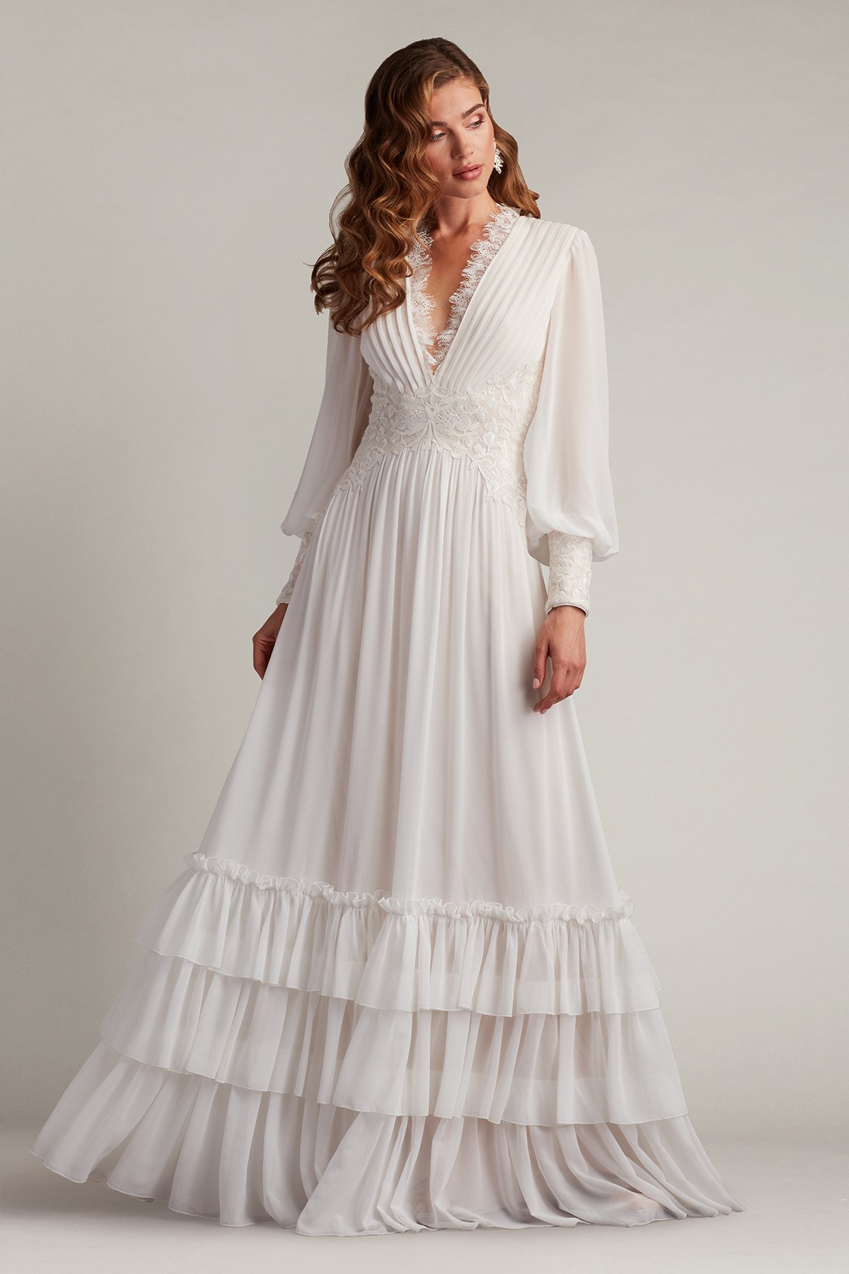 tohi0116 Topanga Tiered Bishop Sleeve Gown | Tadashi Shoji