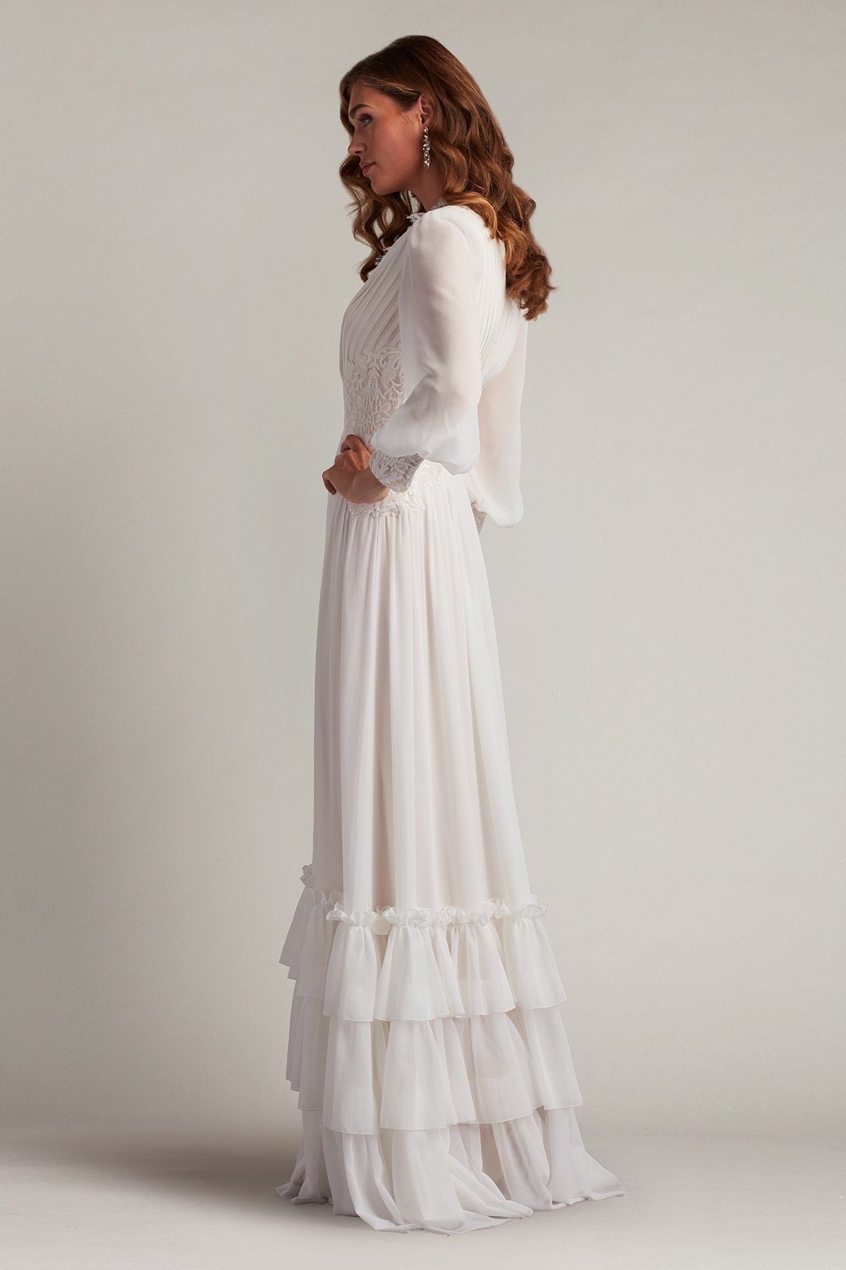 Topanga Tiered Bishop Sleeve Gown | Tadashi Shoji