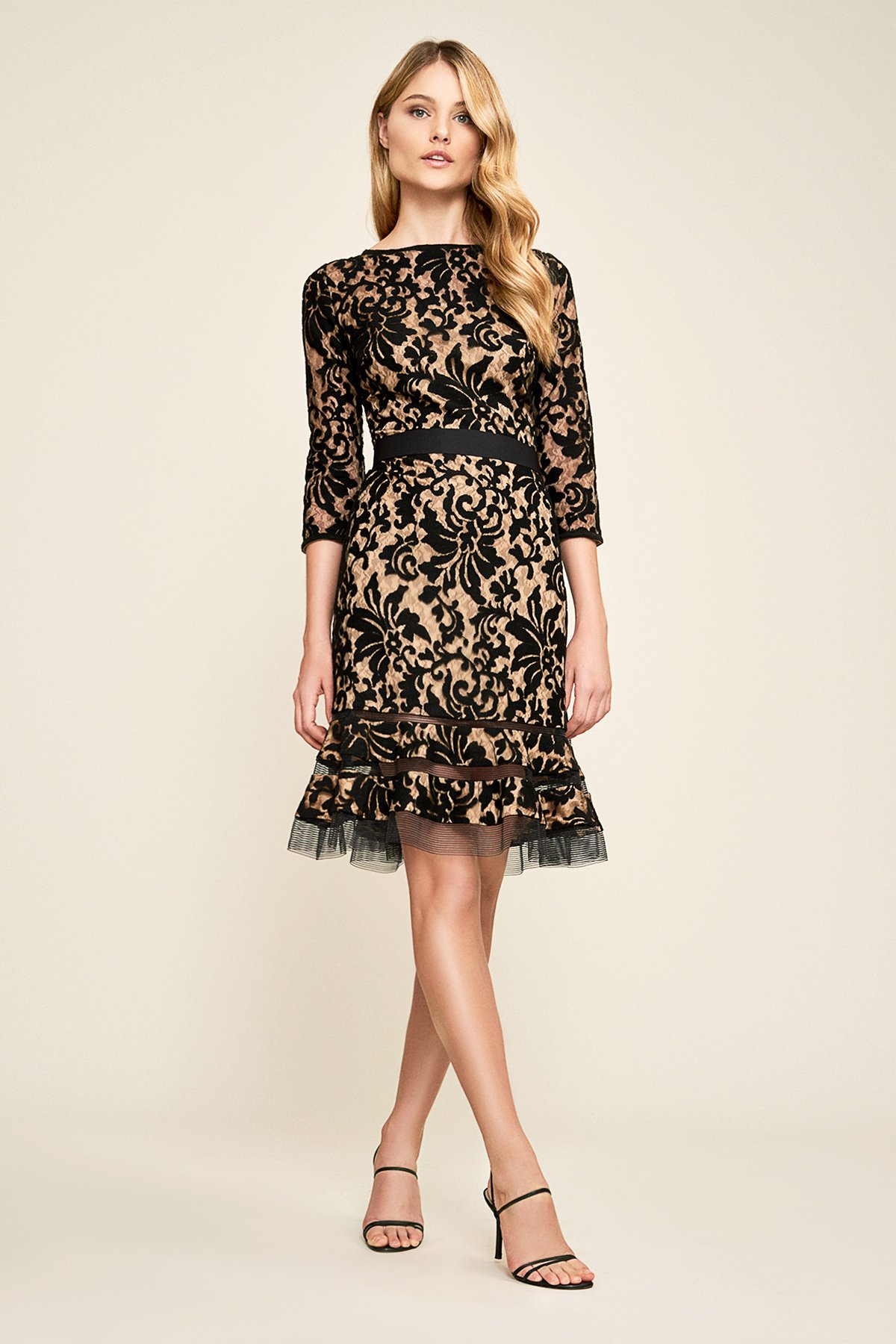 Embroidered Lace 3/4 Sleeve Dress with Sheer Cut Out Detail - PETITE