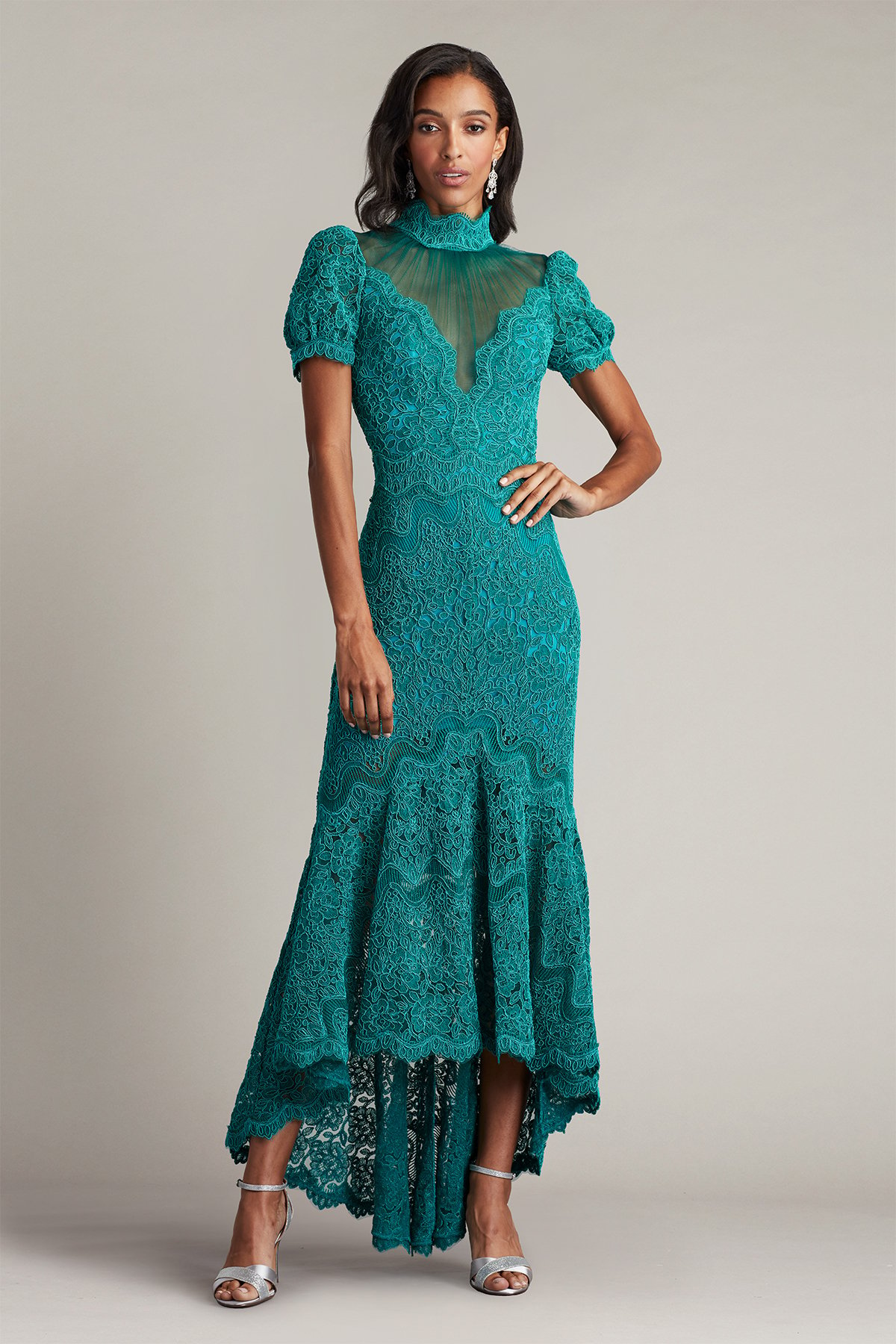 Covina Embroidered High-Low Illusion Dress