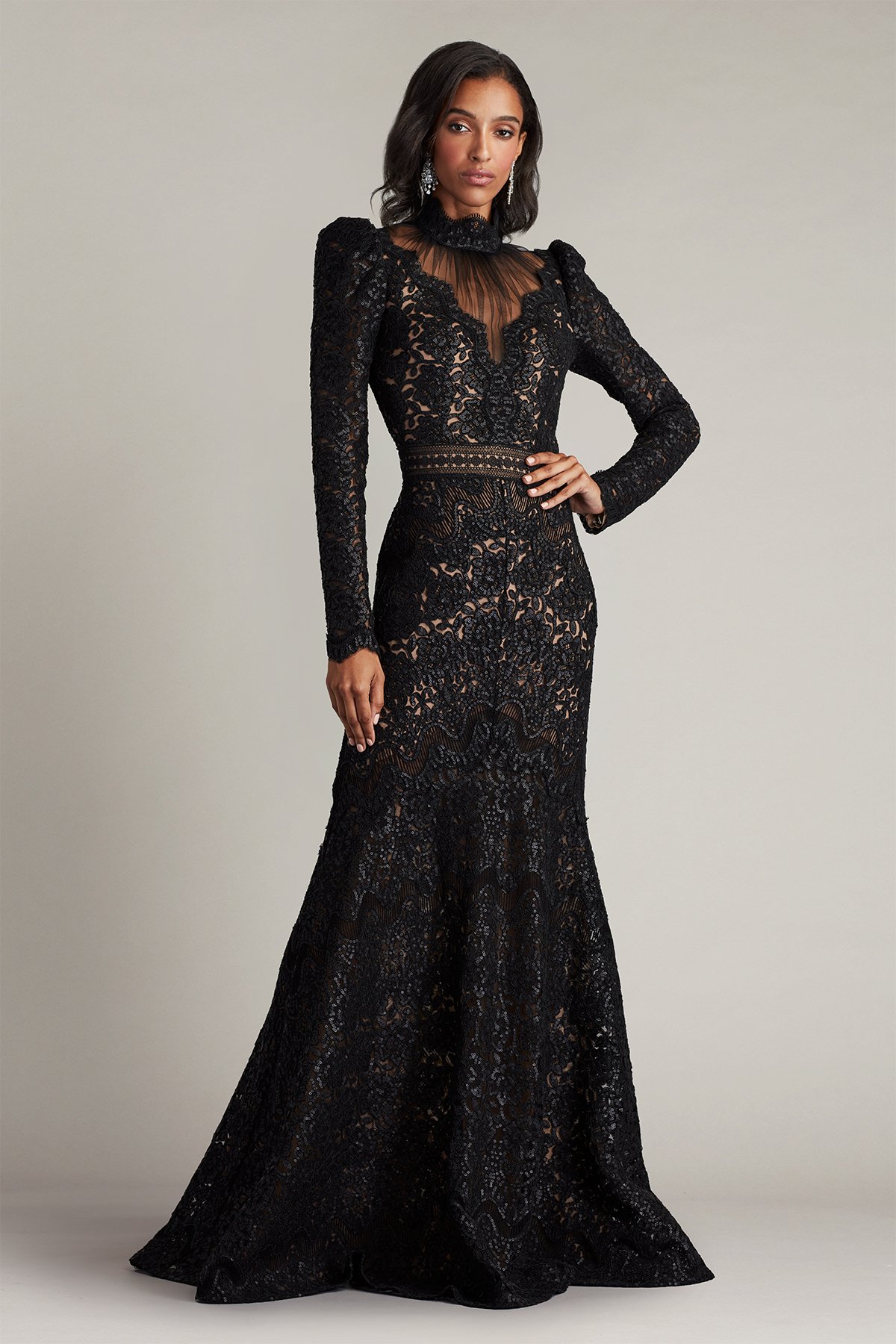 Enzo Sequin Embroidered High Neck Illusion Gown