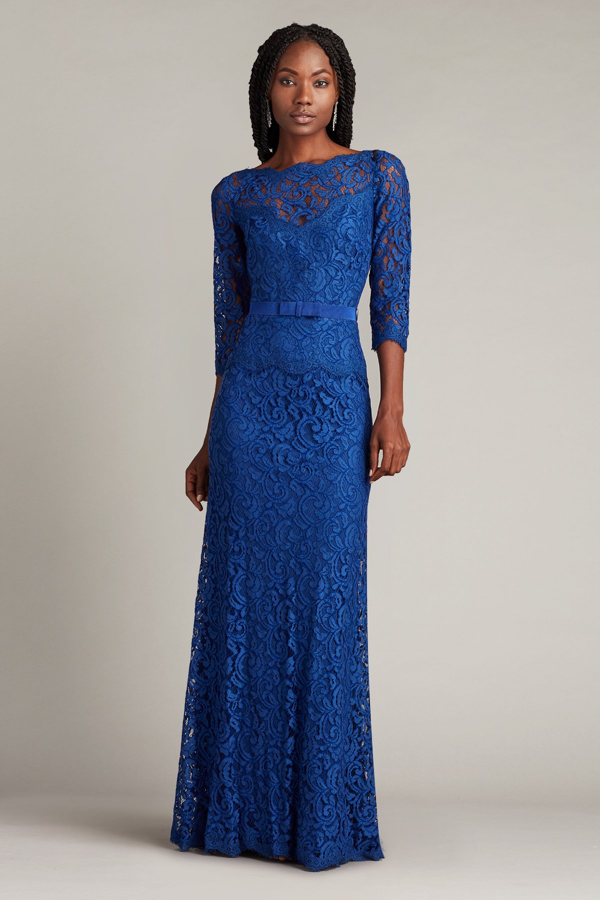 Amberly Belted Lace ¾ Sleeve Gown