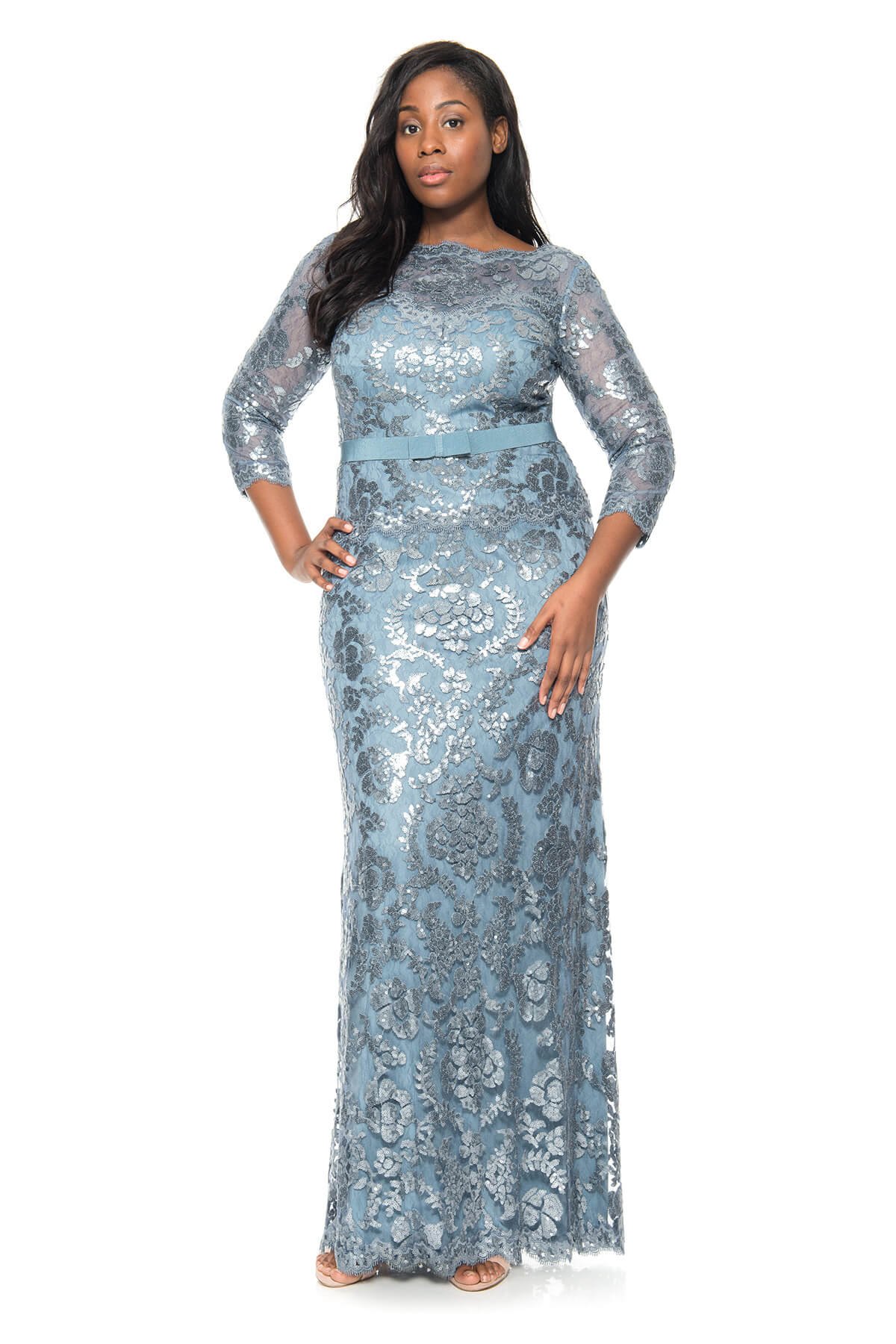 Tadashi Shoji Plus Size - Paillette Embroidered Lace 3/4 Sleeve Gown