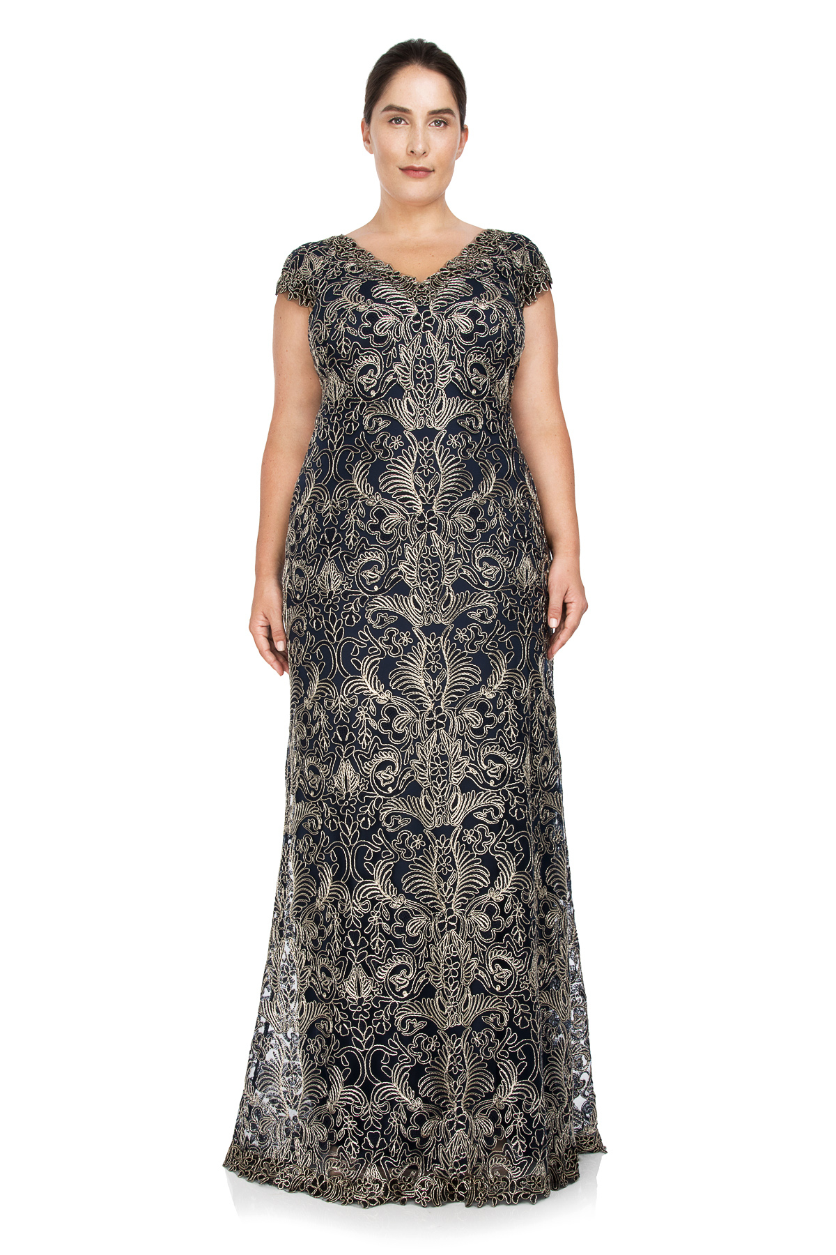 Metallic Corded Embroidery on Tulle V Neck Gown PLUS SIZE