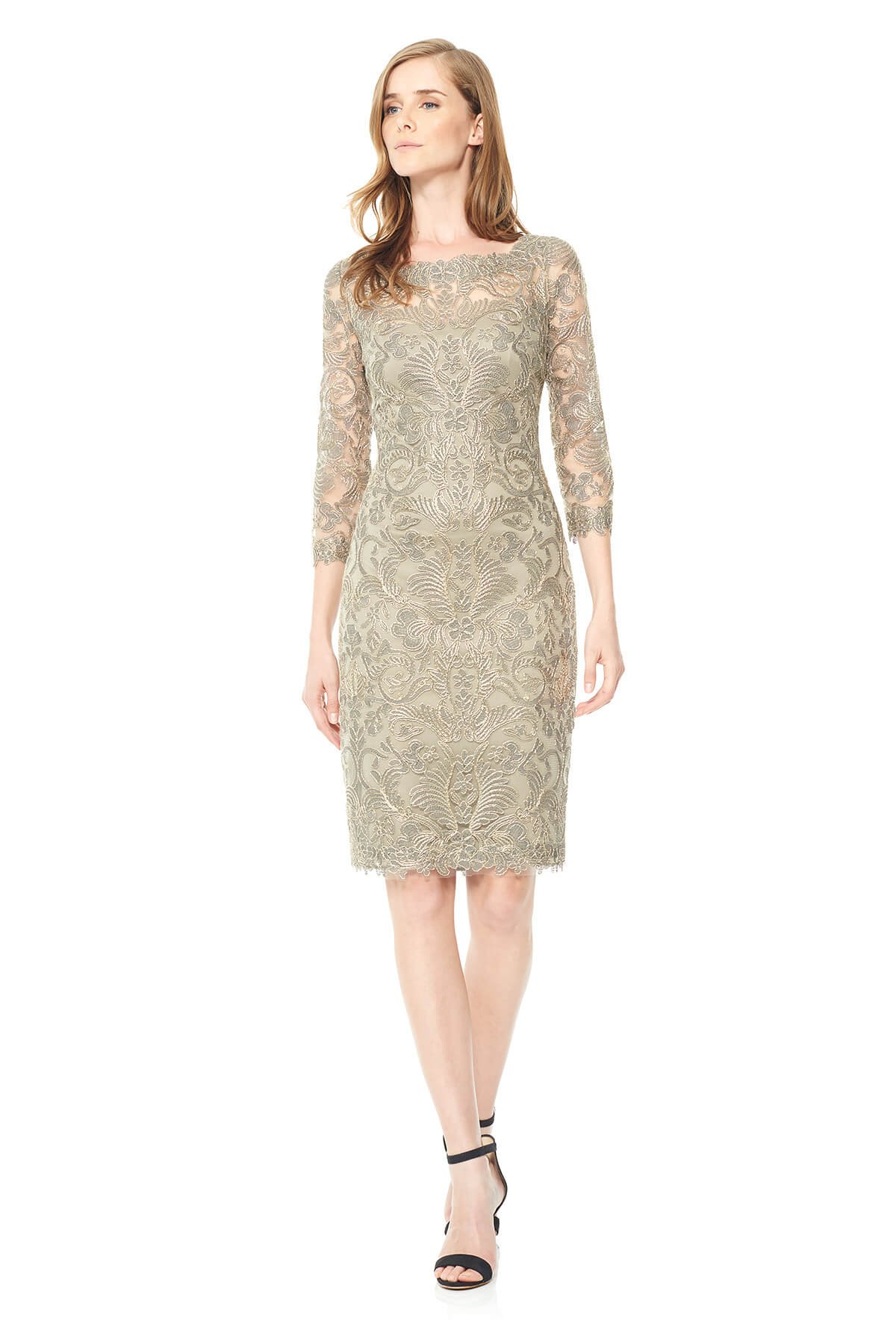 Tadashi Shoji - Corded Embroidery on Tulle 3/4 Sleeve Dress