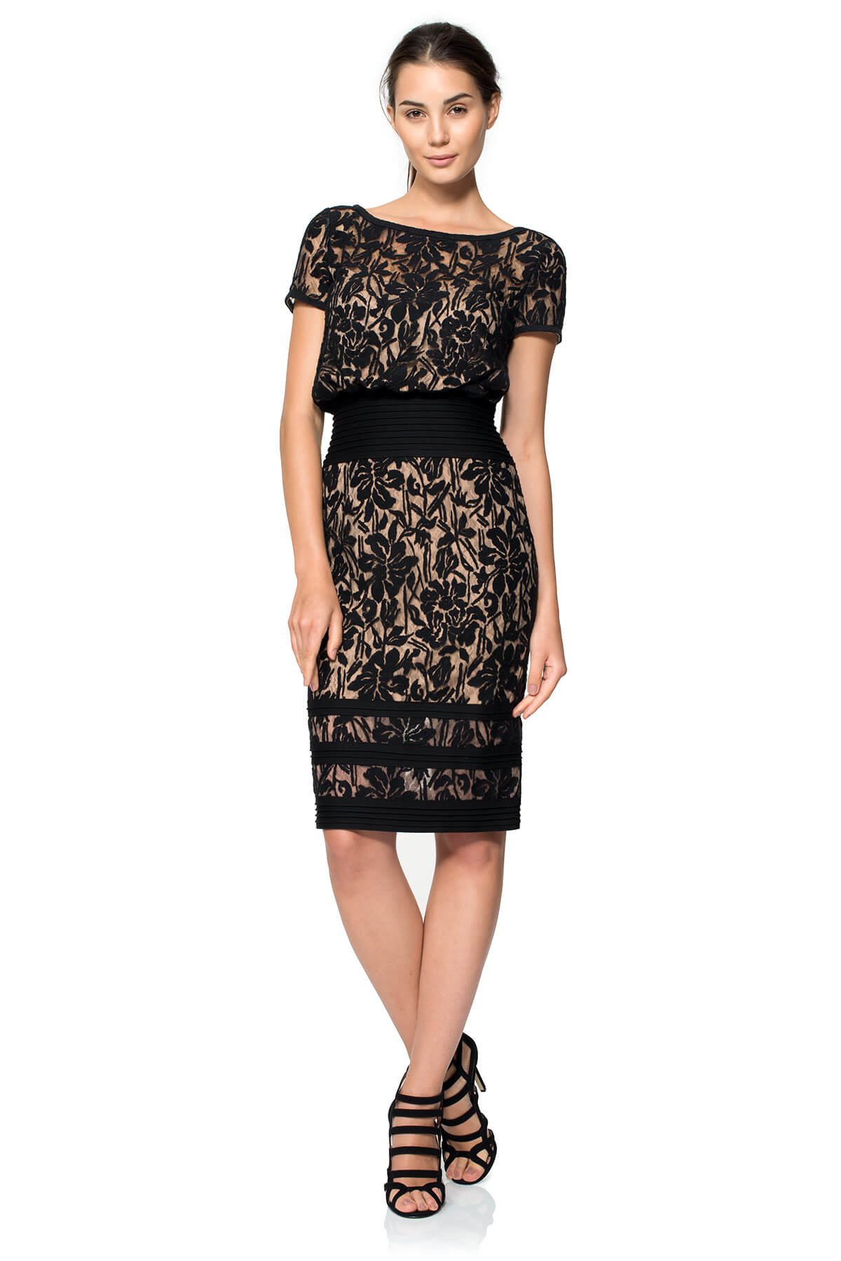 Blouson Waist Embroidered Lace Cap Sleeve Dress