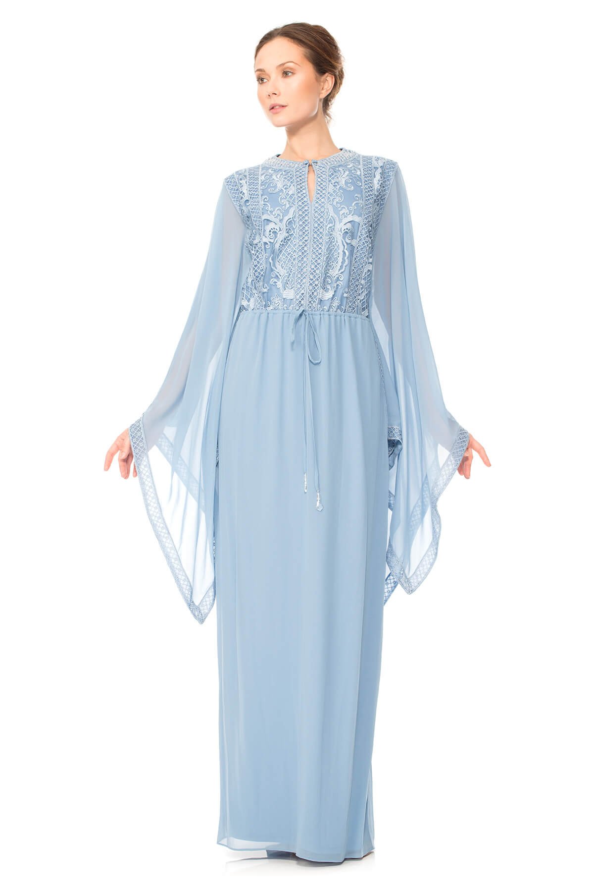 ＊美品＊2WAY DRAPE SLEEVE EMBROIDERY DRESS Primavera Couture 13111 Sheer Sweetheart Neckline Fully