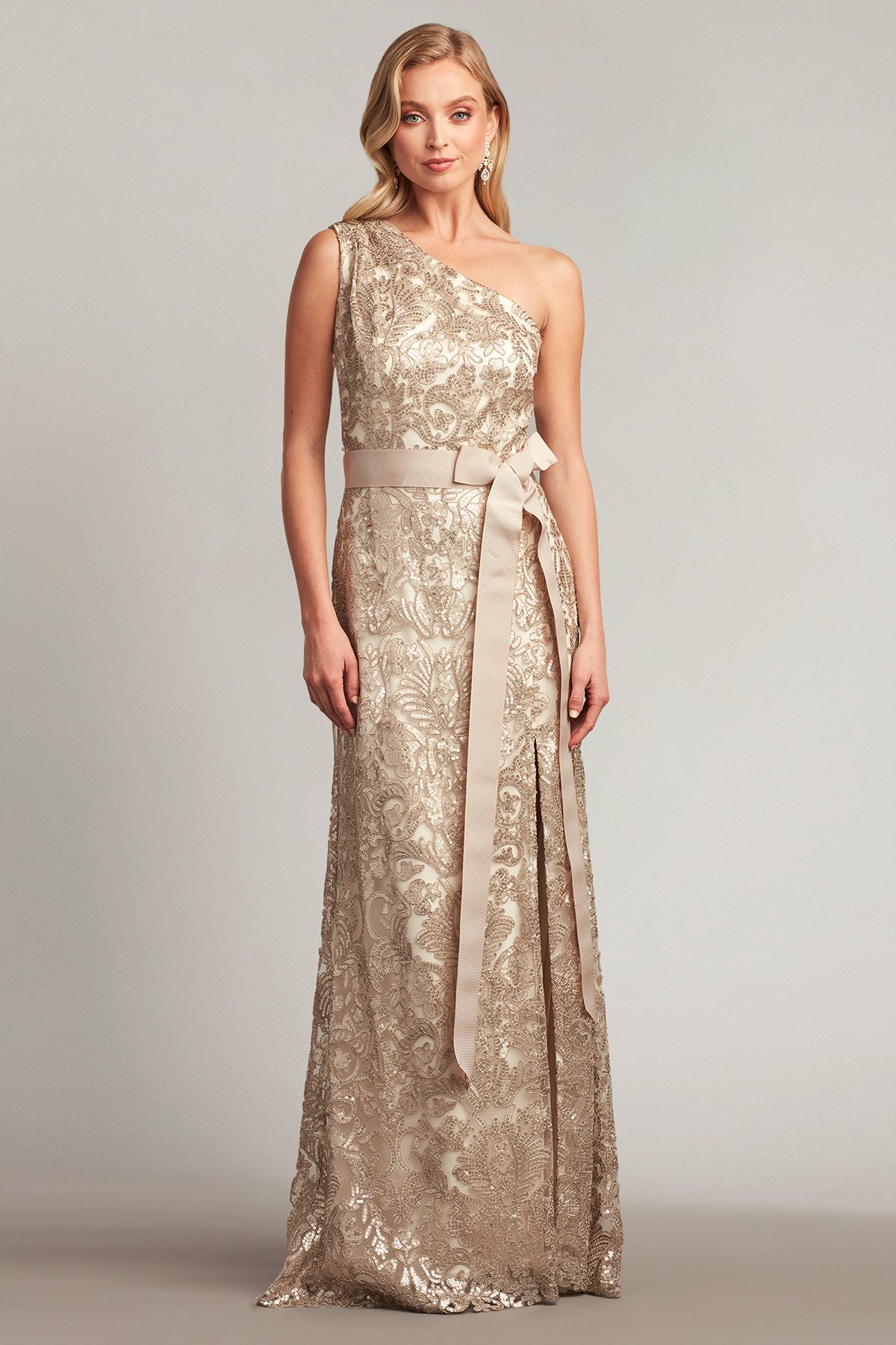 Tomlin Ribbon Belt Sequin Embroidered Gown