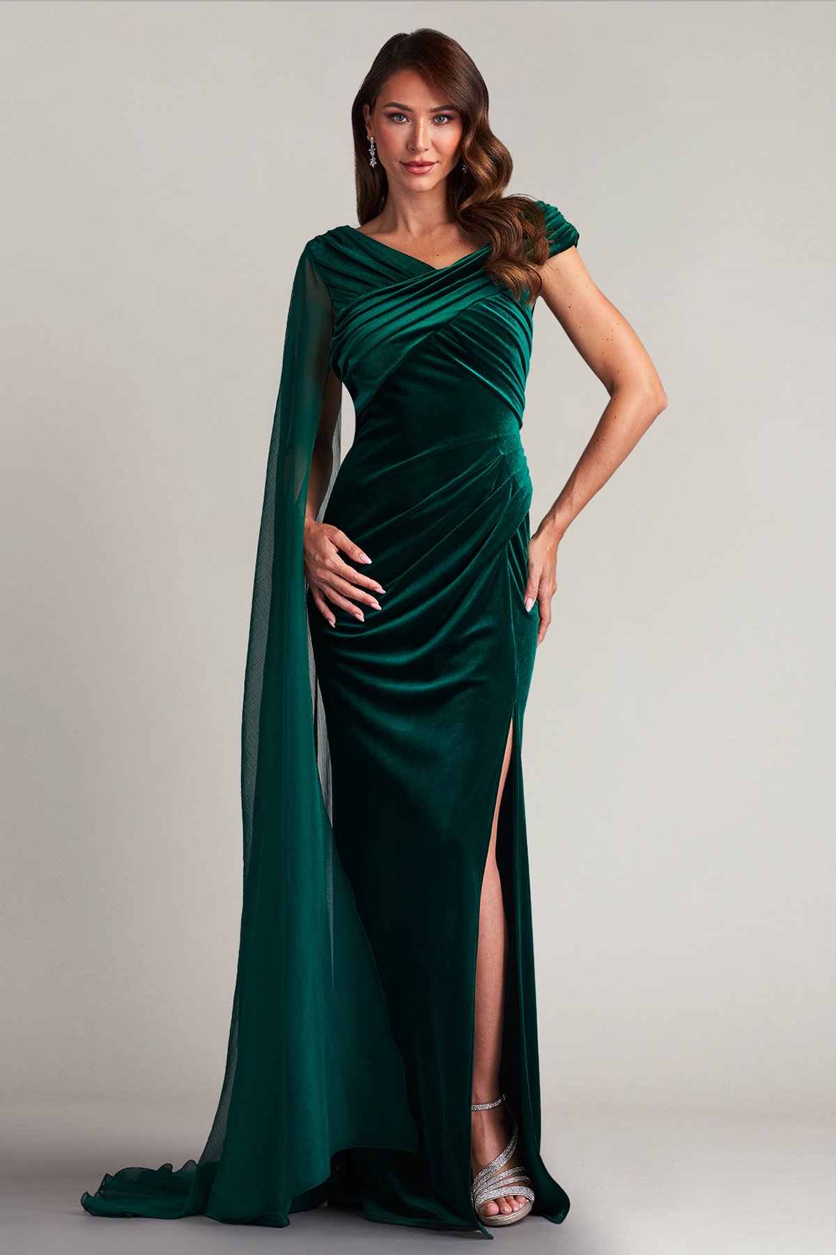 Alora Cape-Sleeve Velvet Gown