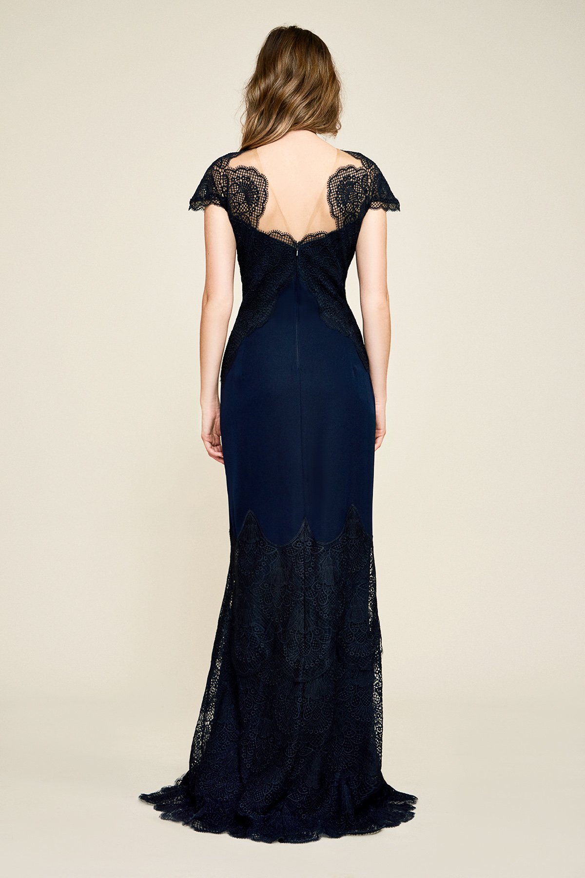 Tadashi shoji lace and crepe hot sale gown