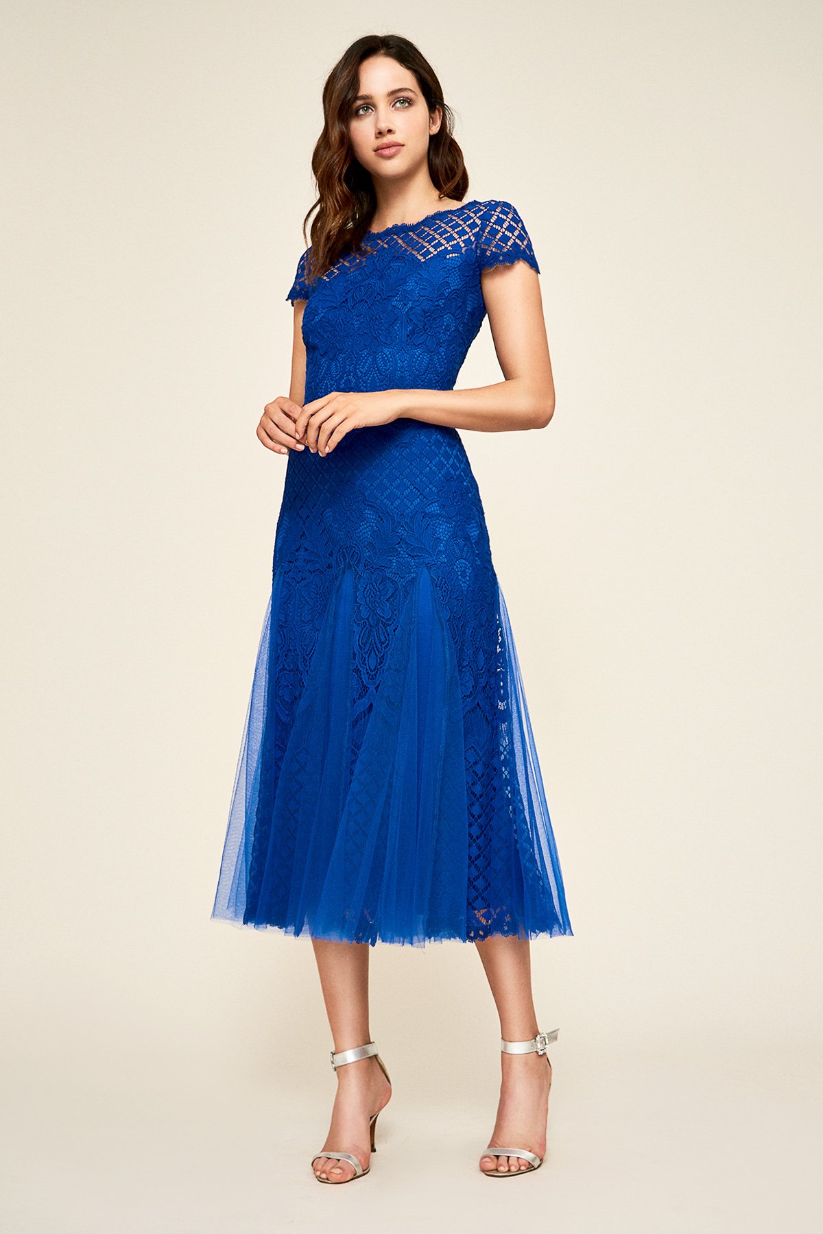 Roone Lace Tea Length Dress Tadashi Shoji