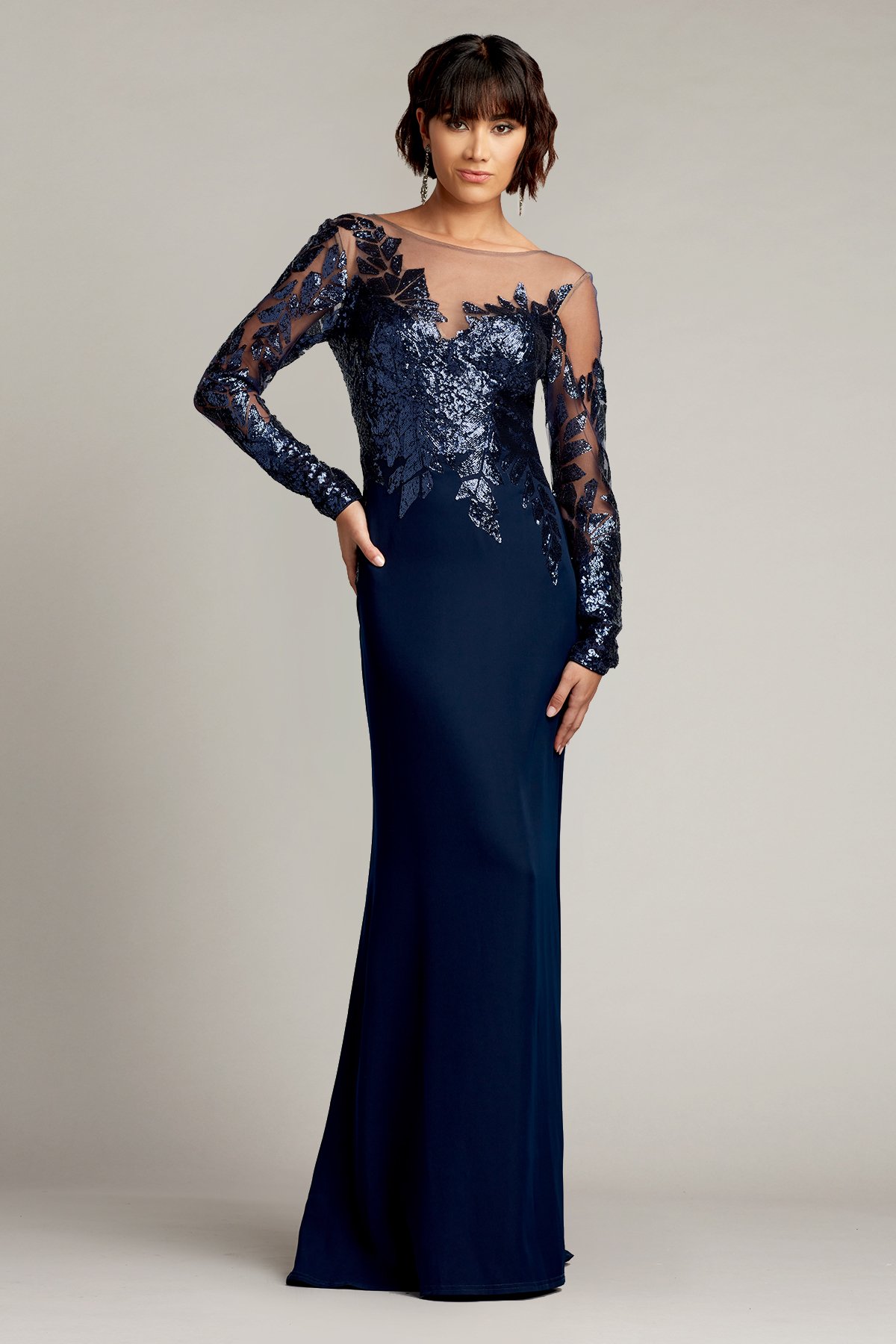 Finley Long-Sleeve Crepe Sequin Gown