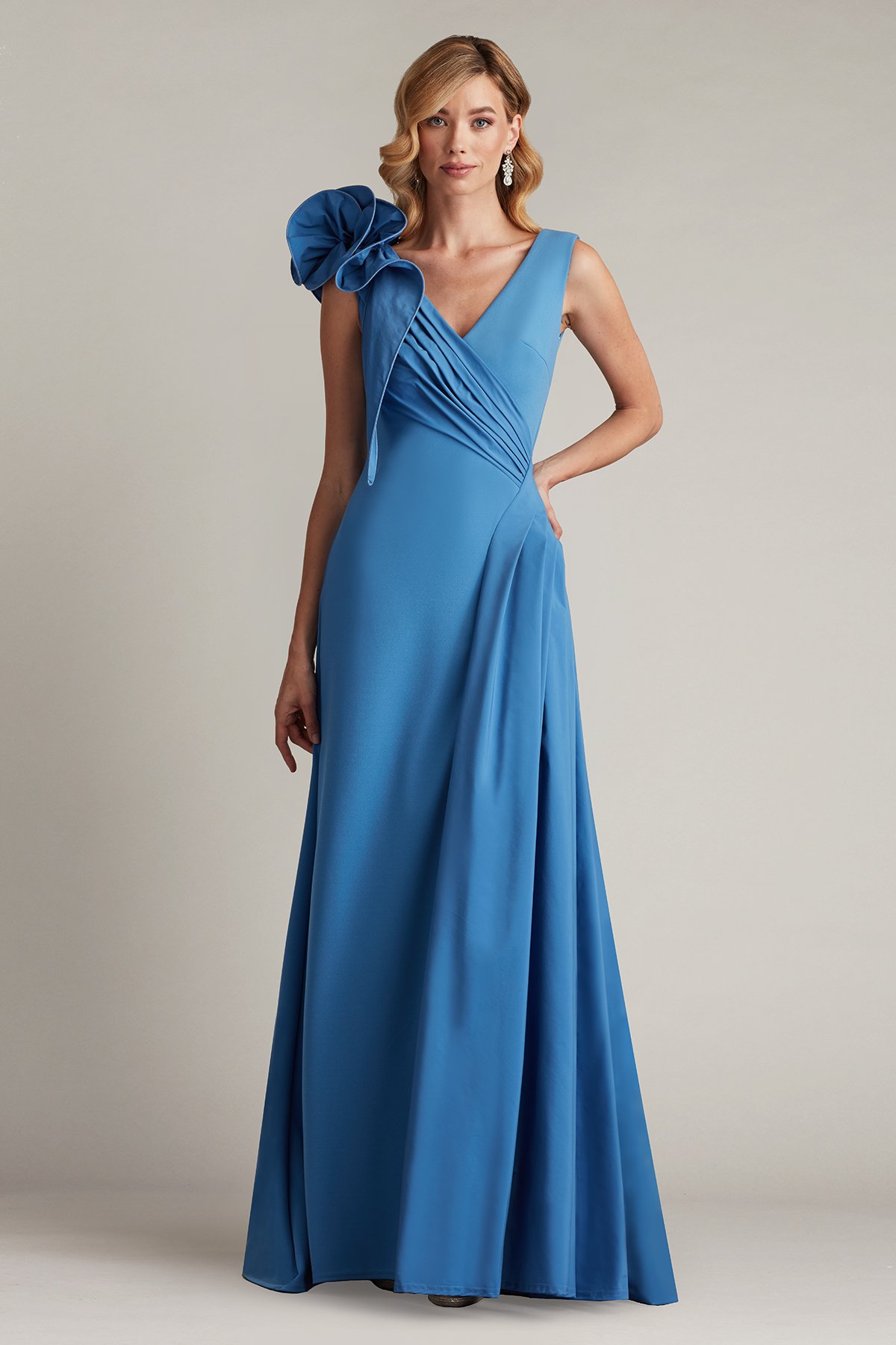 Barlowe Ruffled Shoulder Draped Crepe Gown CDTBU | Tadashi Shoji