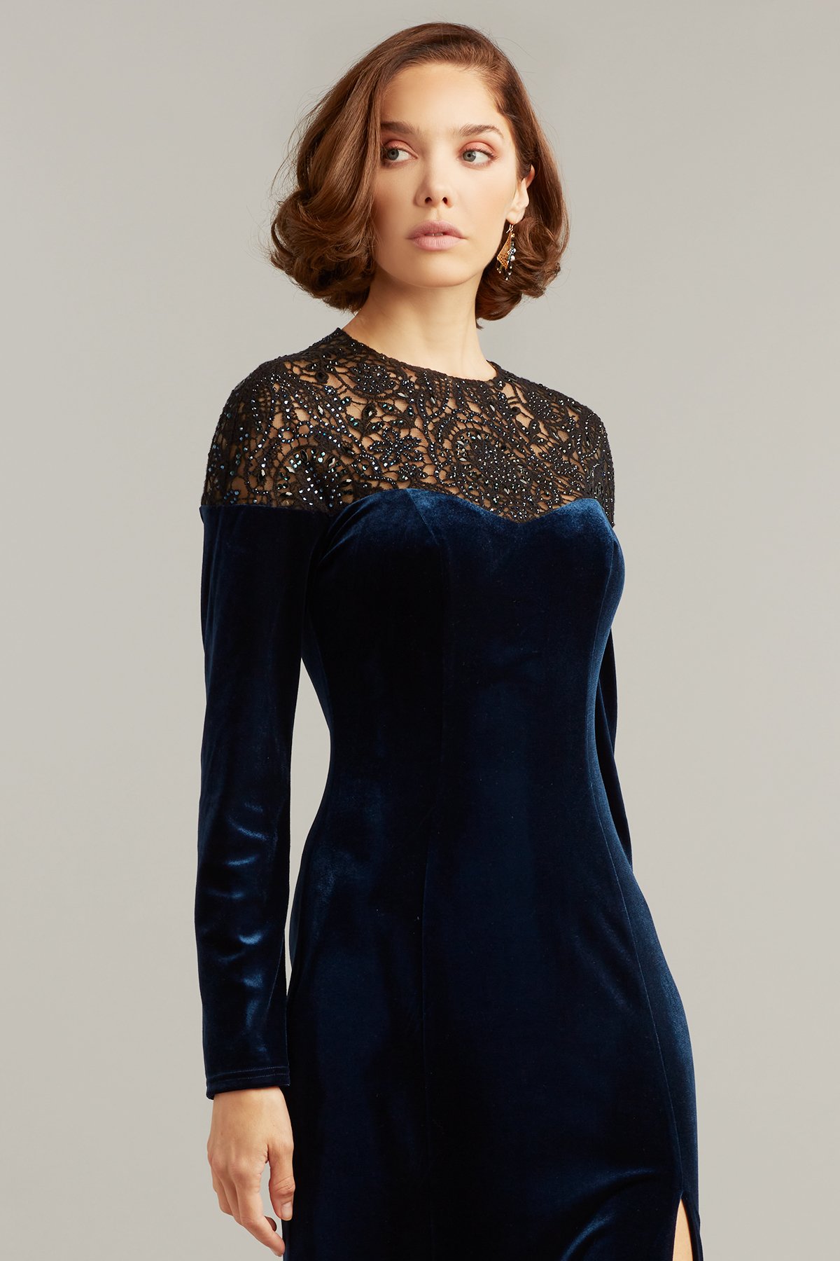 Wallace Beaded Illusion Velvet Gown