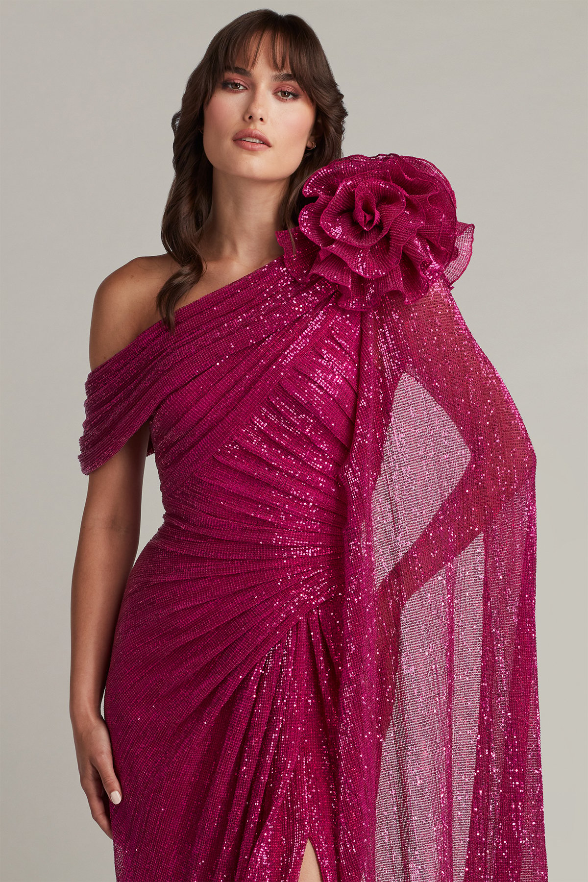 Aveta Sequin Draped Rosette Shoulder Gown