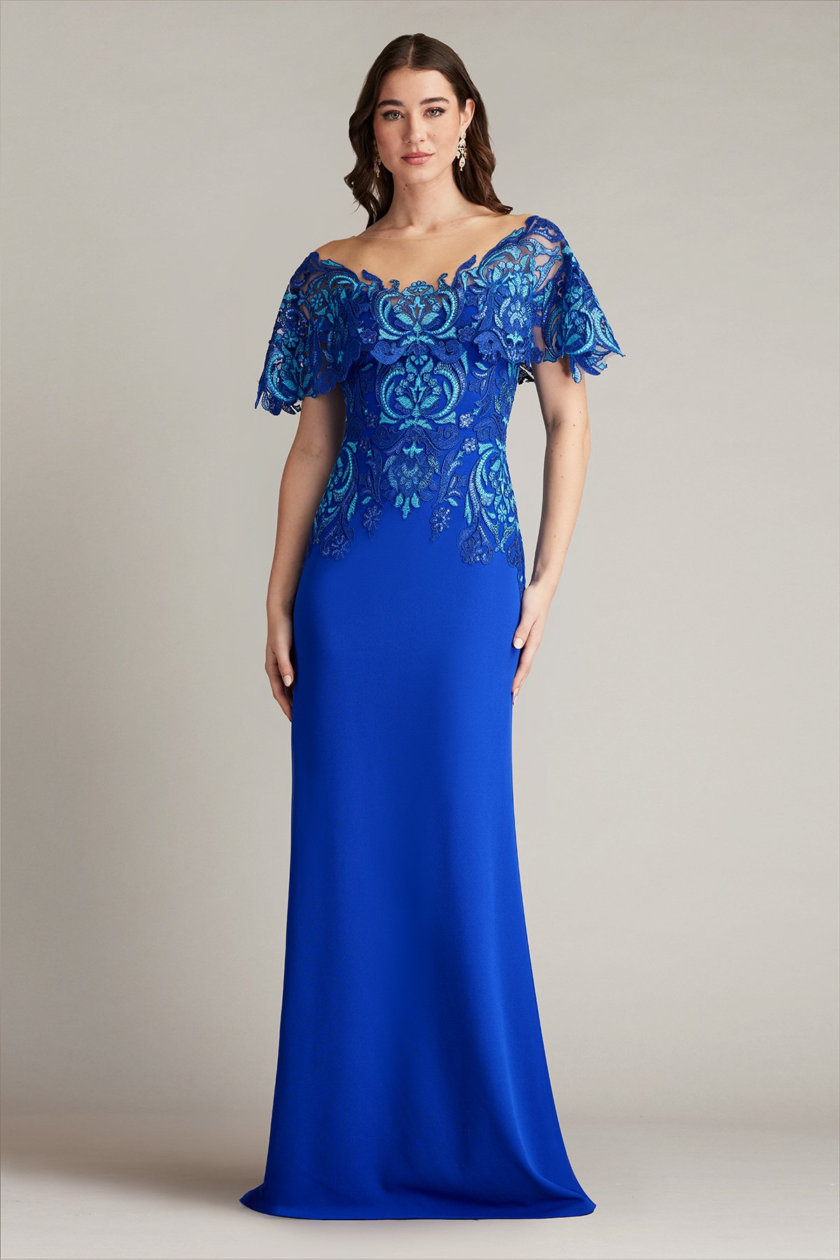 Deming Ruffled Sleeve Illusion Gown Tadashi Shoji