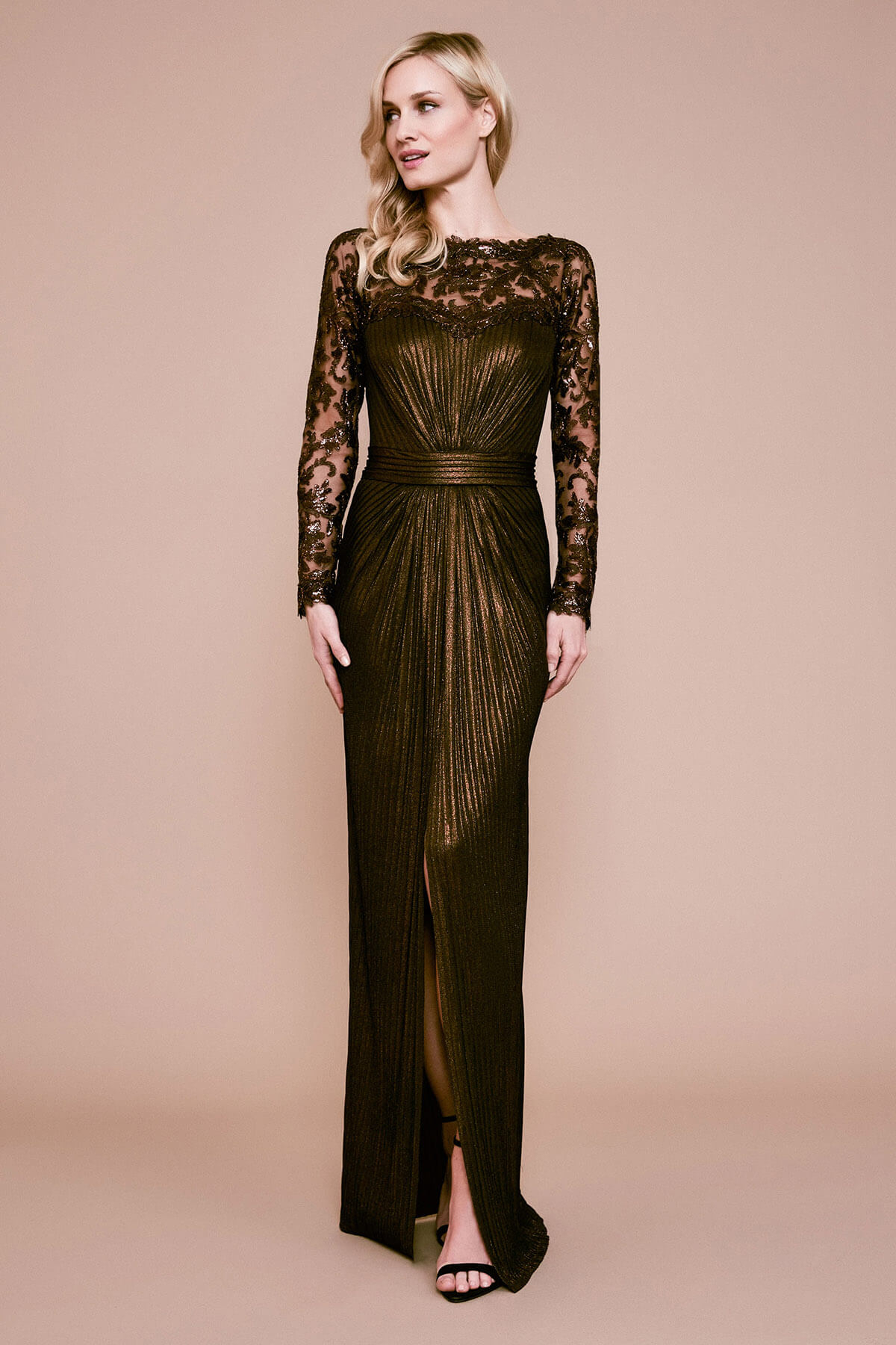 Tadashi Shoji - Vin Long-Sleeve Metallic Pintuck Gown