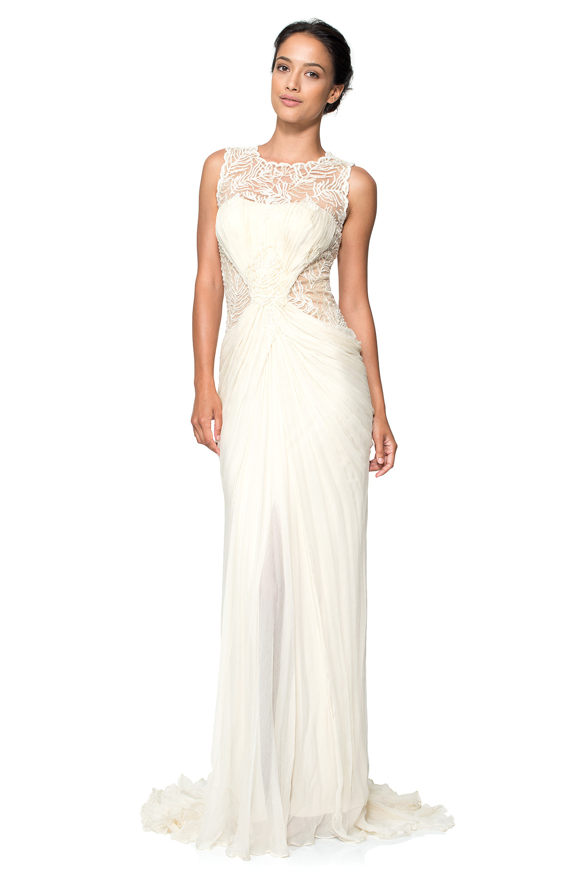 Beaded Crinkle Chiffon Gown in Cream