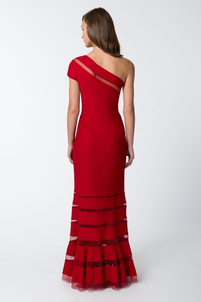 Pintuck Jersey One Shoulder Gown in Deep Red