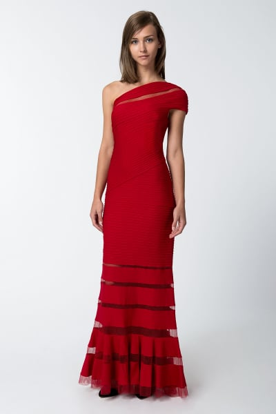 Pintuck Jersey One Shoulder Gown in Deep Red